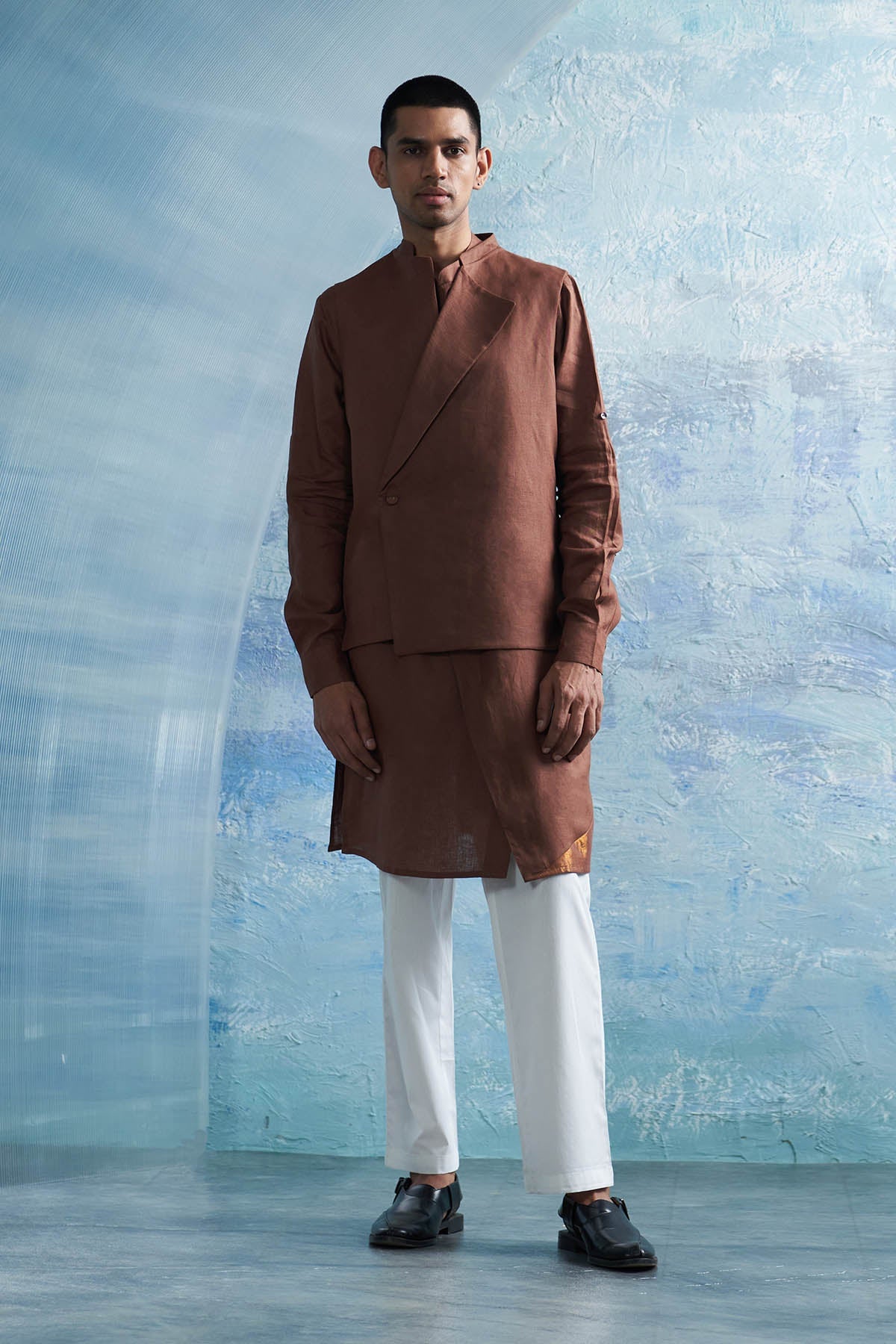 Buy Brown Kurta Set & Overlap Jacket by Charkhee for men online at ScrollnShops