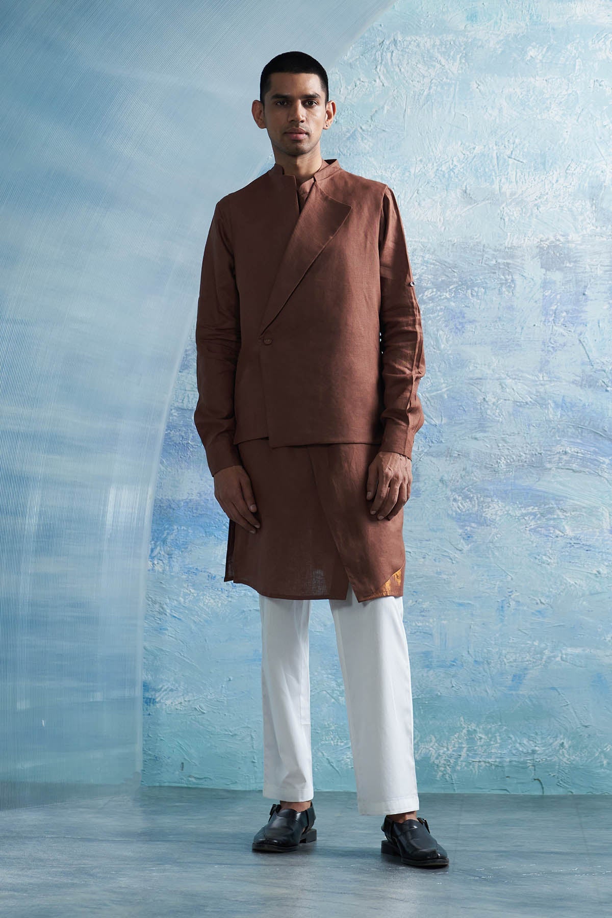 Buy Brown Kurta Set & Overlap Jacket Online