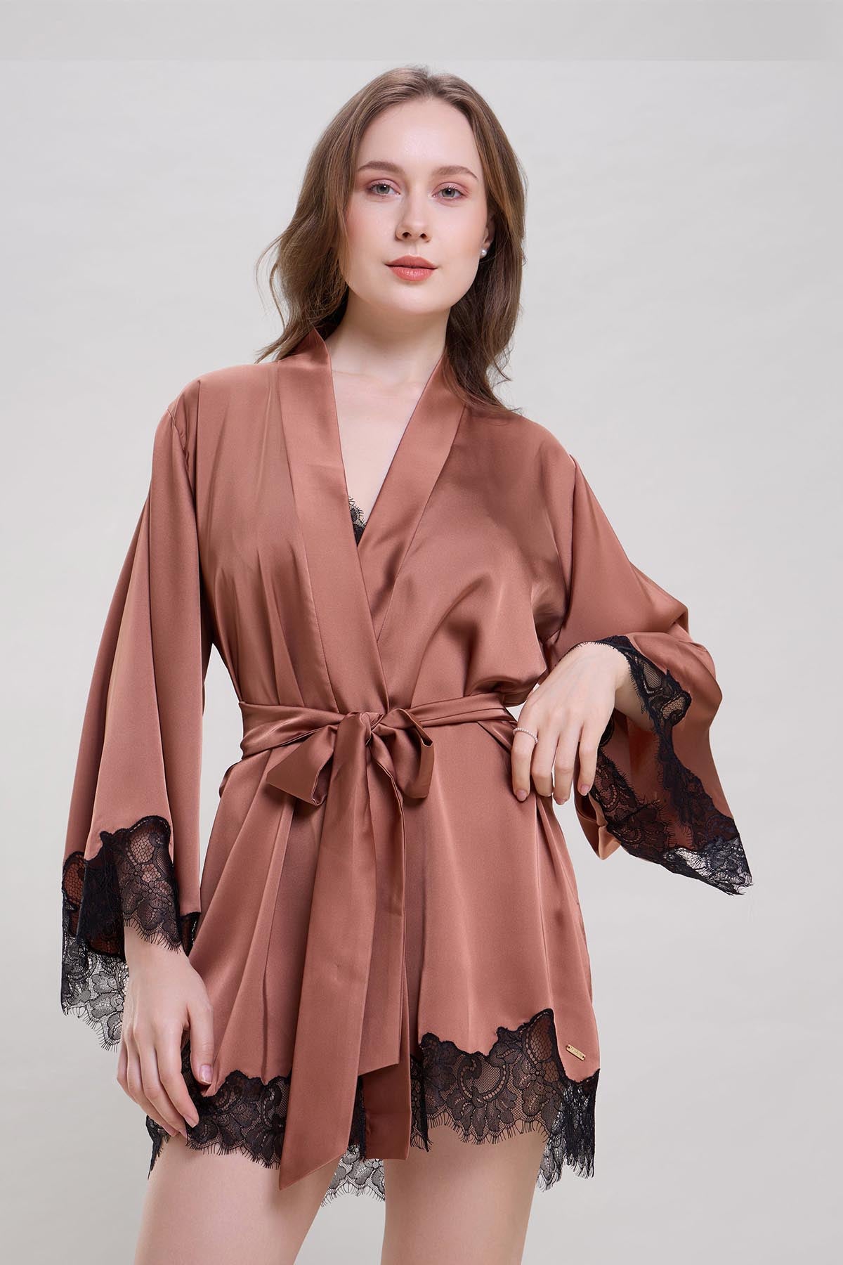 Buy Brown Lace Applique Detail Robe by Mysthelle for women online at ScrollnShops