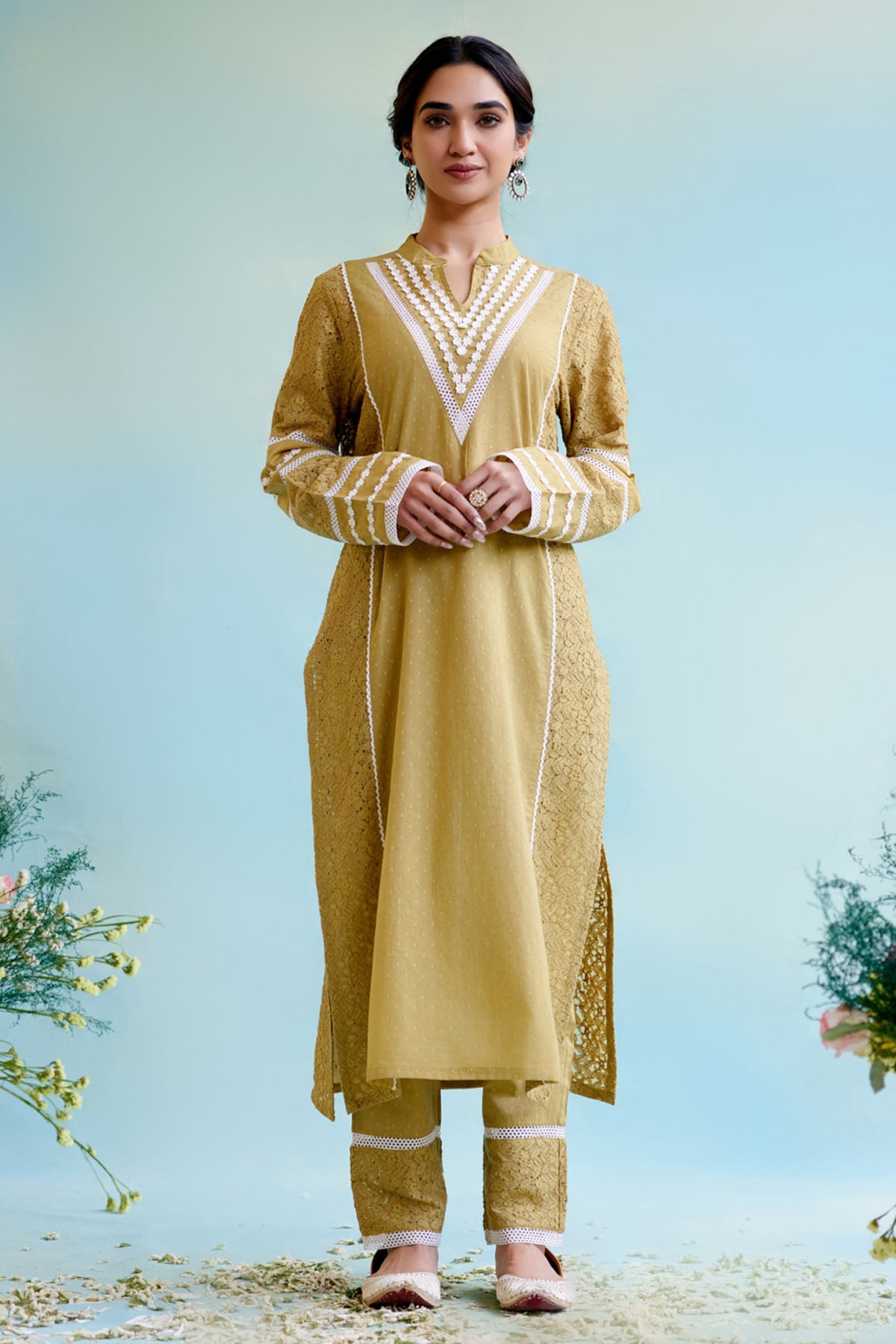 Nero Brown Lace Cotton Kurta Set for women at ScrollnShops