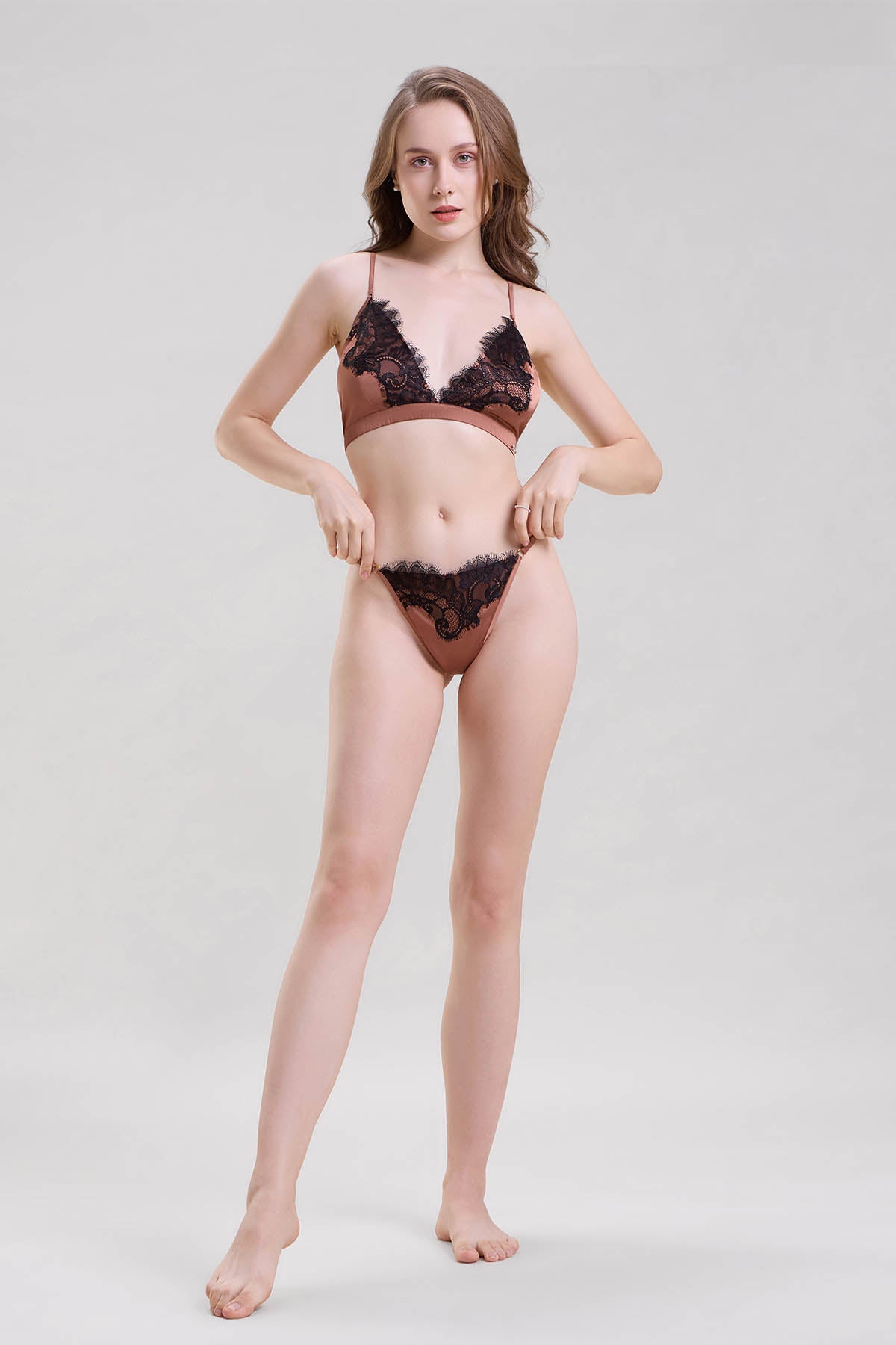 Brown Lace Detail Bra & Thong