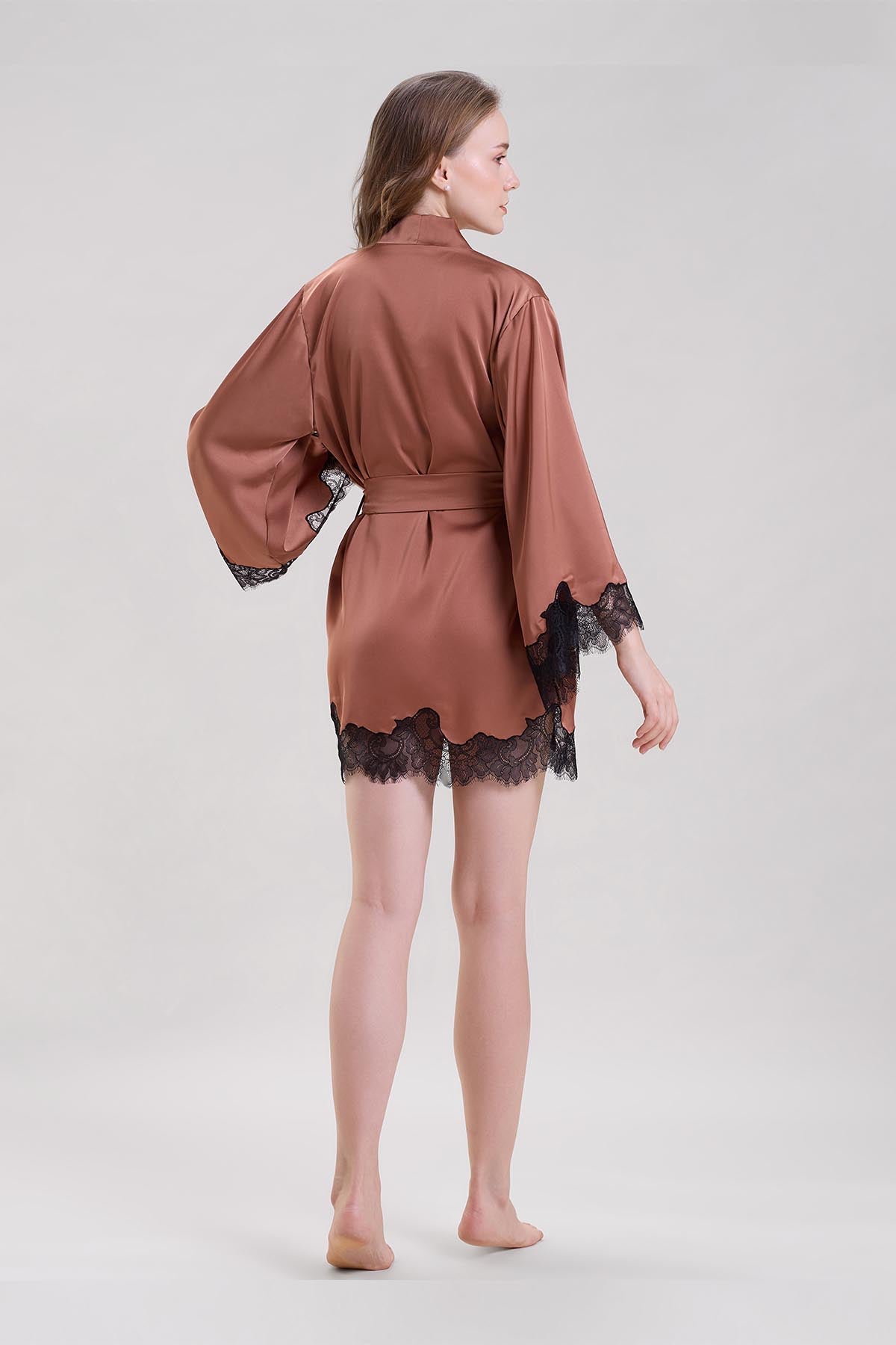 Brown Lace Detail Robe & Bra Set