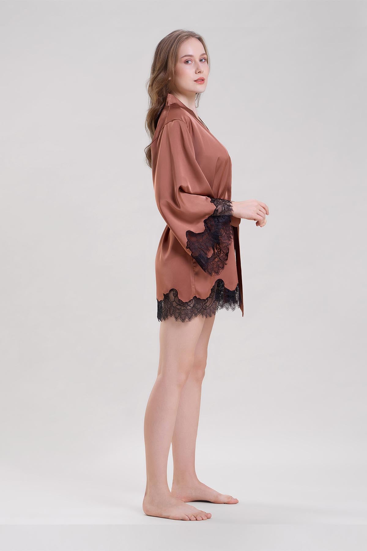 Brown Lace Detail Robe & Bra Set