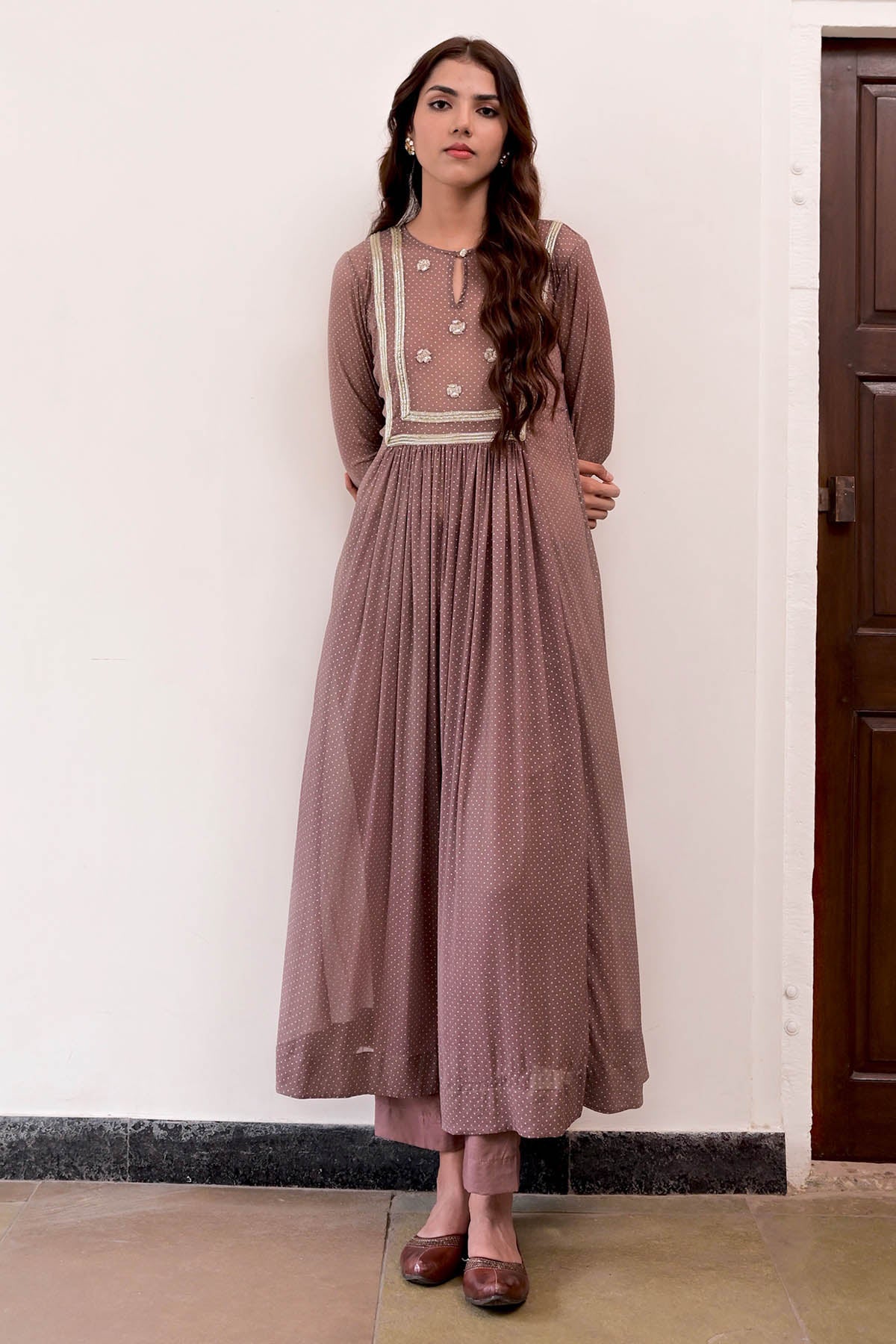 Taro India Brown Lace Zari Work Kurta Set for women online at ScrollnShops