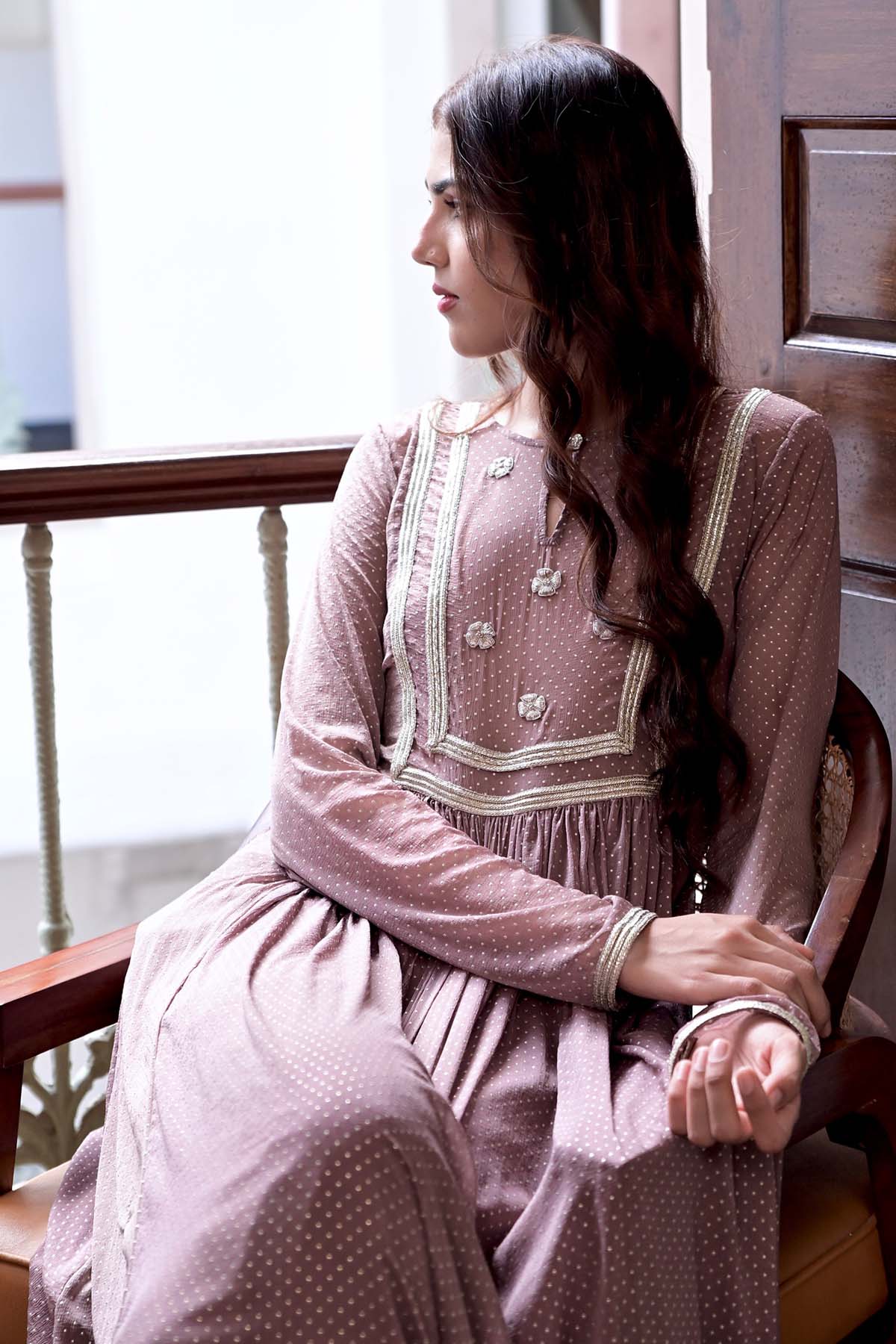 Brown Lace Zari Work Kurta Set