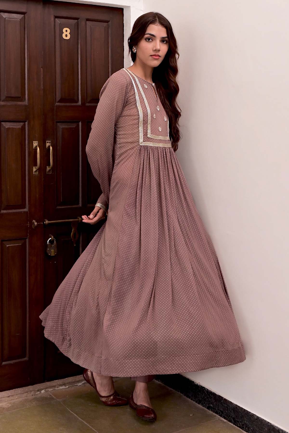 Brown Lace Zari Work Kurta Set