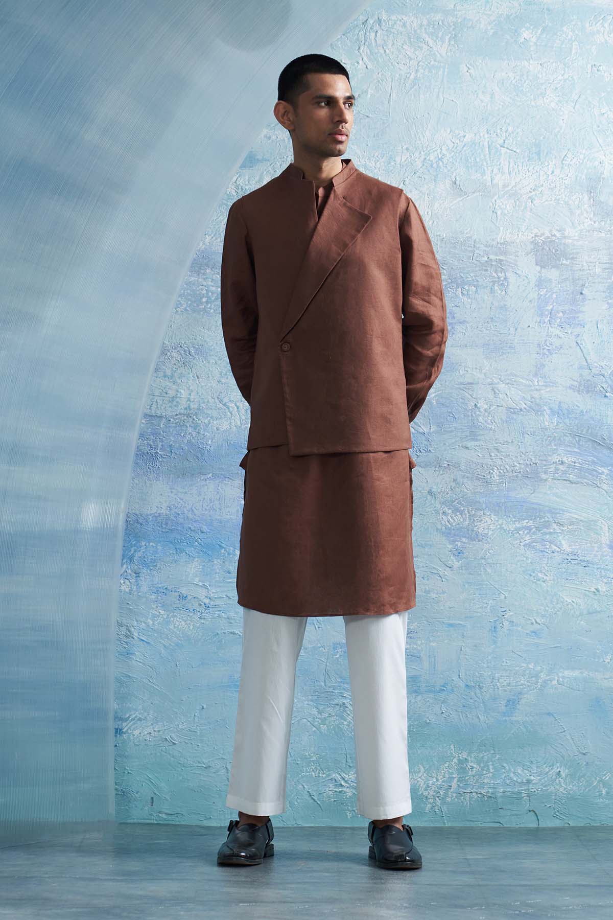 Buy Brown Linen Overlape Jacket by Charkhee for men online at ScrollnShops