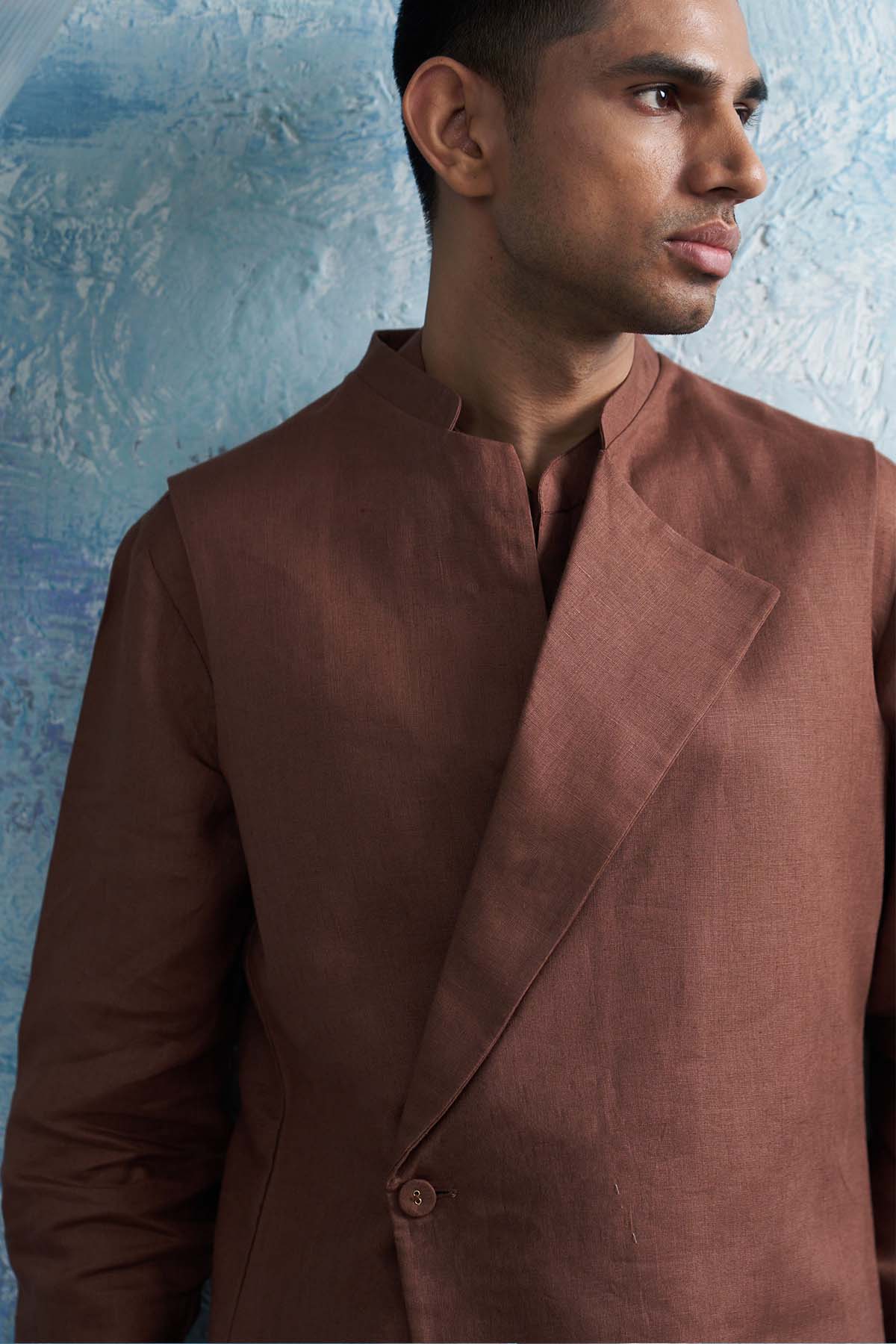 Brown Linen Overlap Jacket