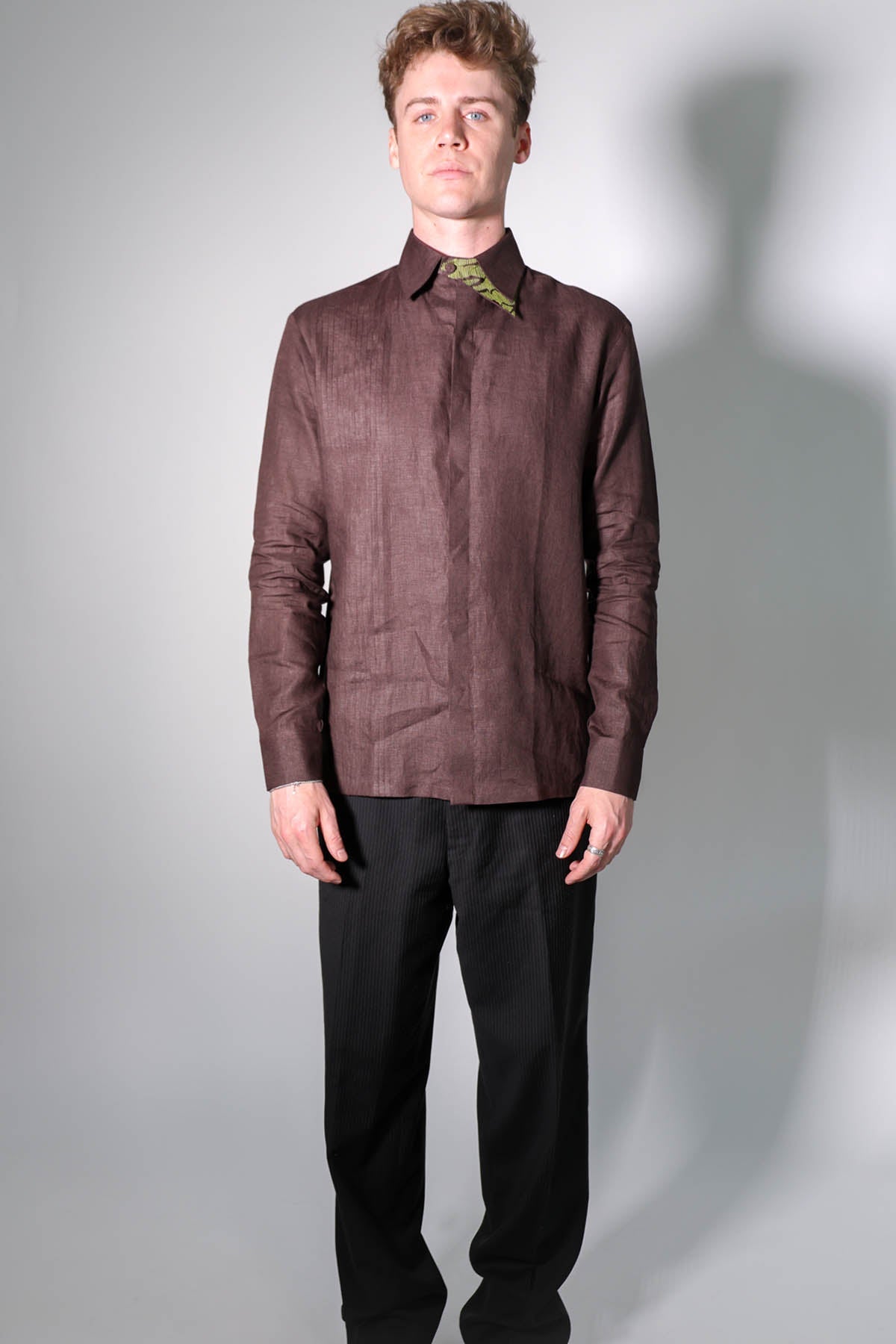 Arya Giri Brown Linen Pintuck Collar Shirt for men online at ScrollnShops