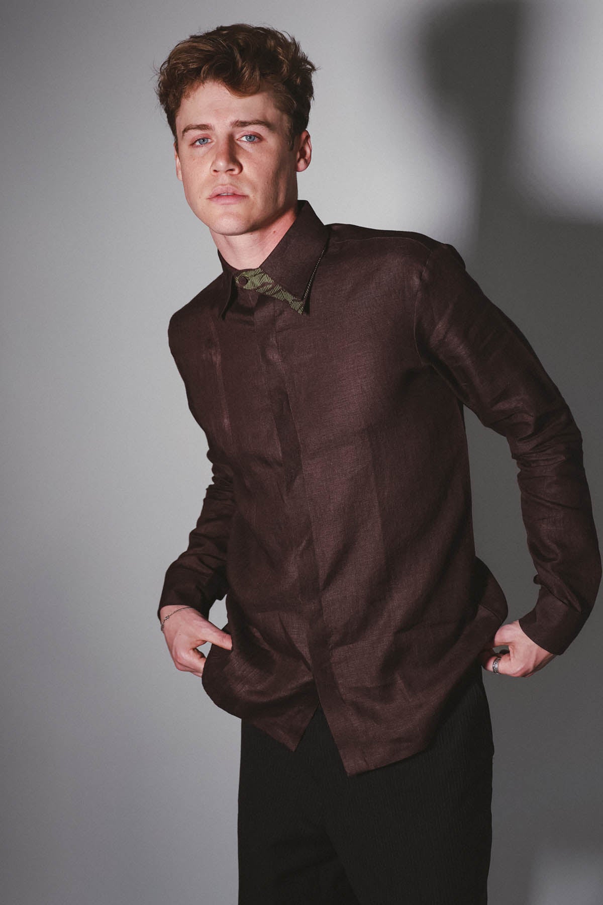 Brown Linen Pintuck Collar Shirt