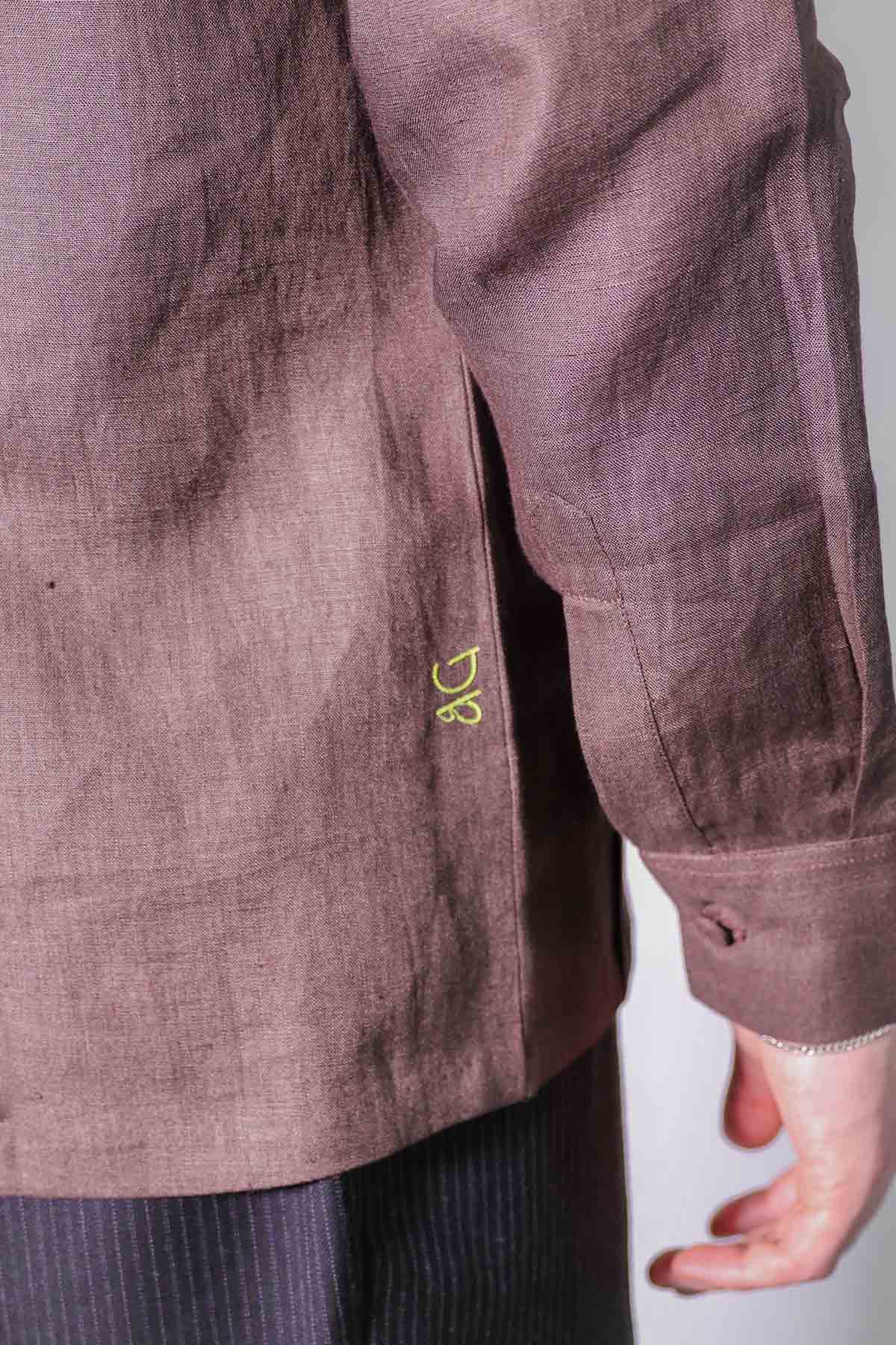 Brown Linen Pintuck Collar Shirt