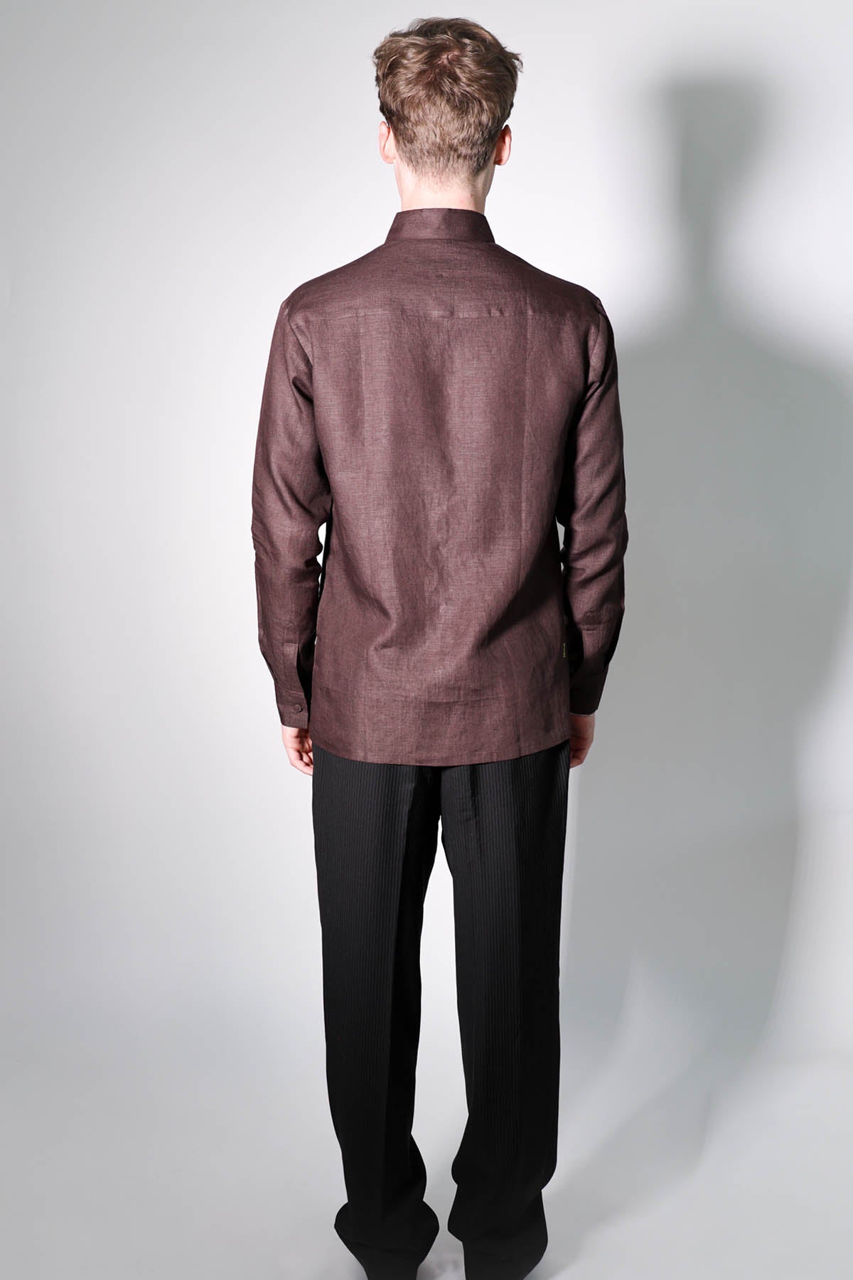 Brown Linen Pintuck Collar Shirt