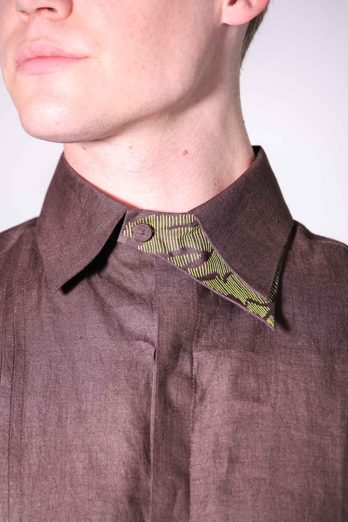 Brown Linen Pintuck Collar Shirt