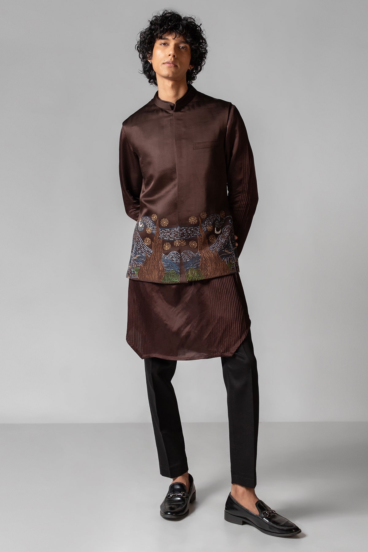 Brown Linen Pintuck Kurta Set