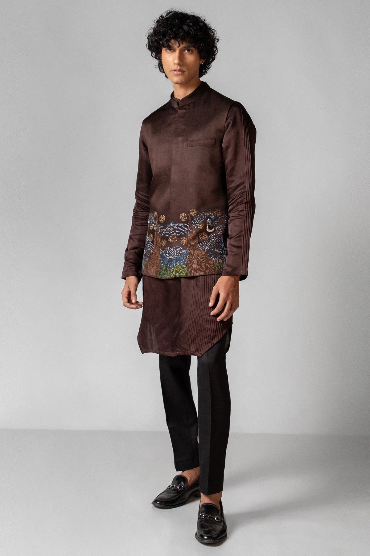 Brown Linen Pintuck Kurta Set