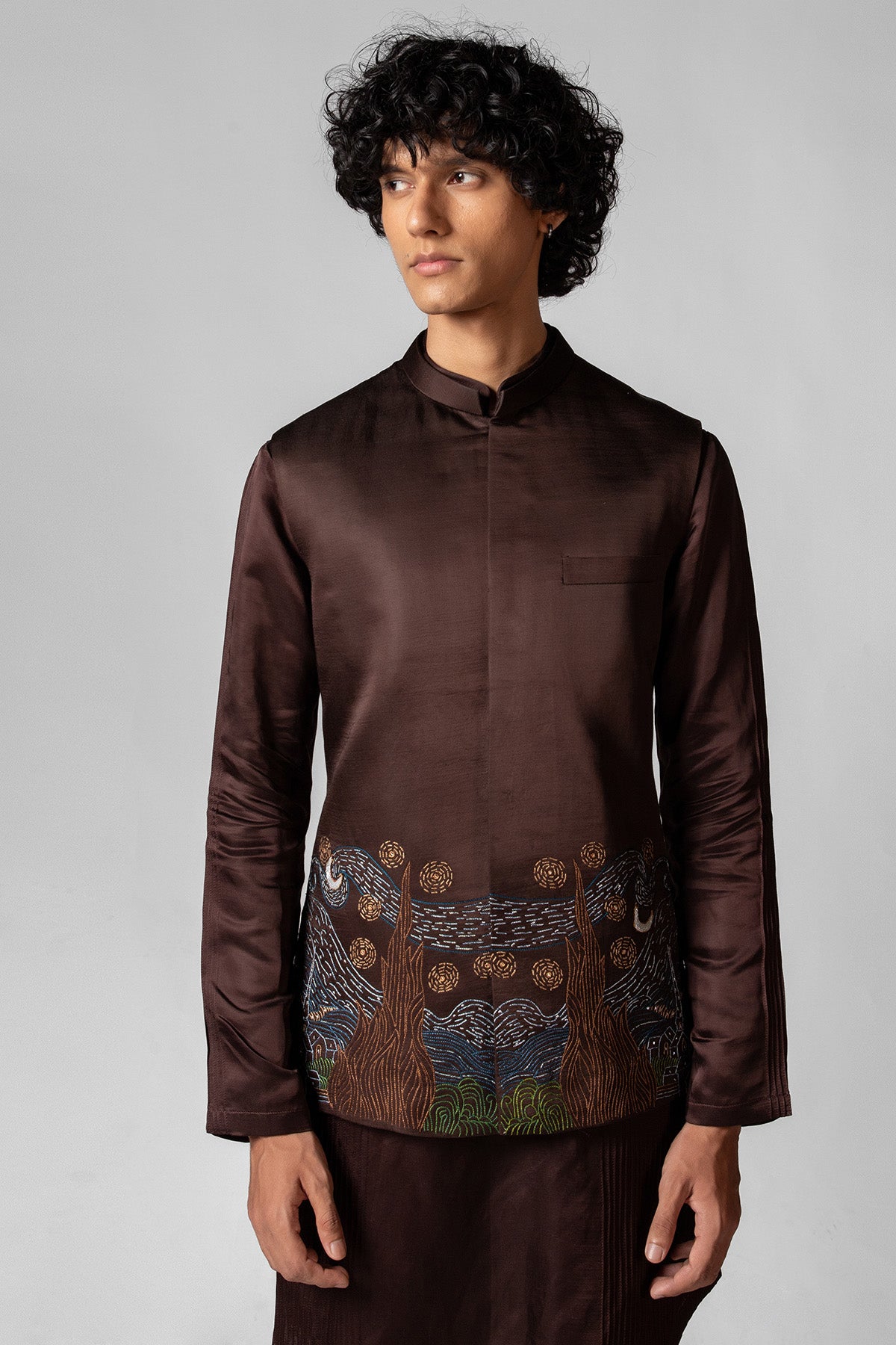 Brown Linen Pintuck Kurta Set