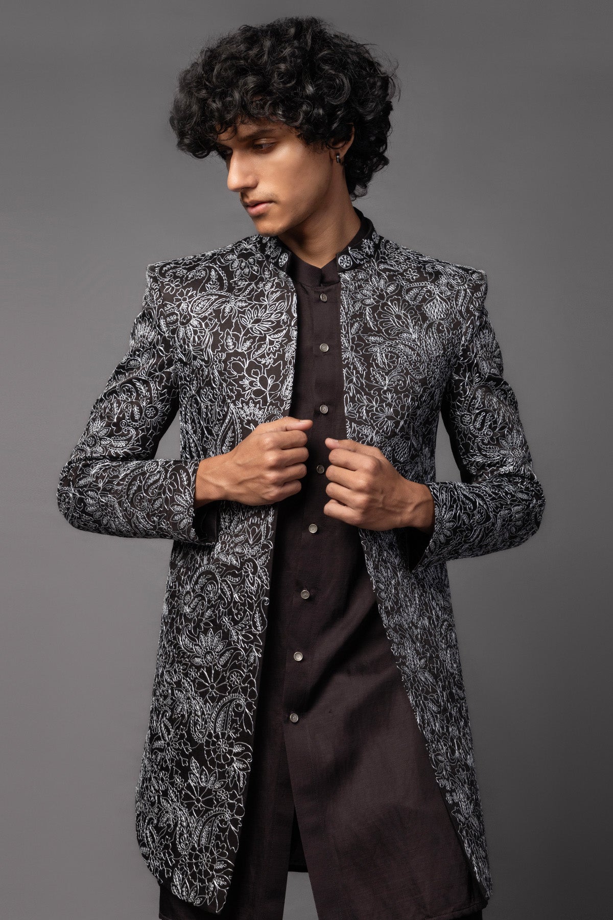 Brown Linen Satin Achkan Set