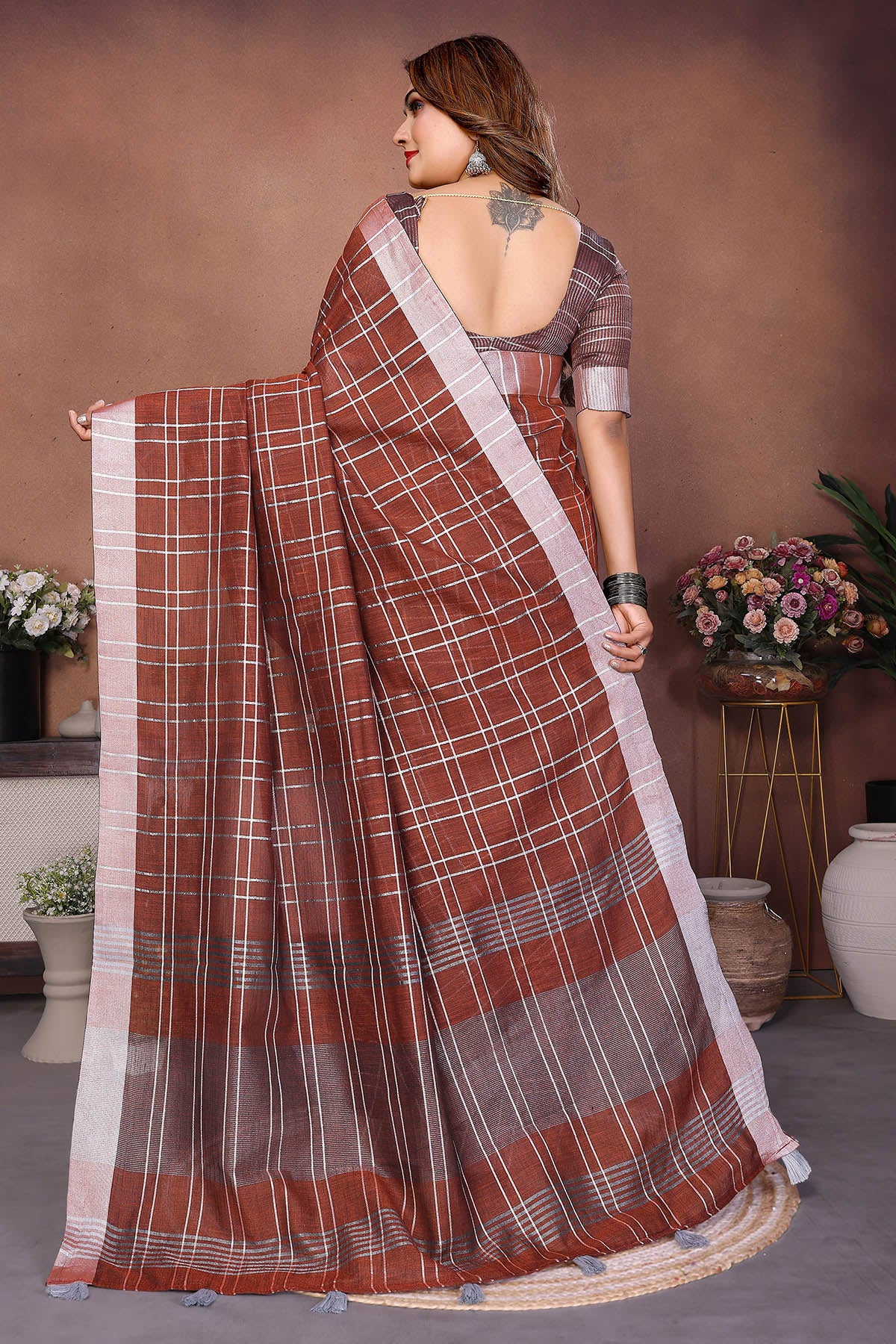 Brown Linen Weaving Fancy Saree