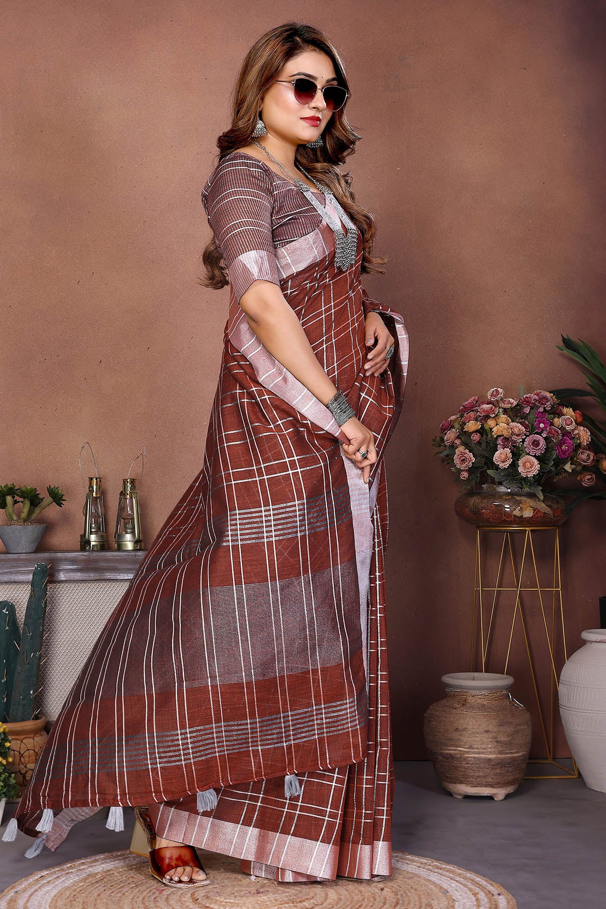 Brown Linen Weaving Fancy Saree