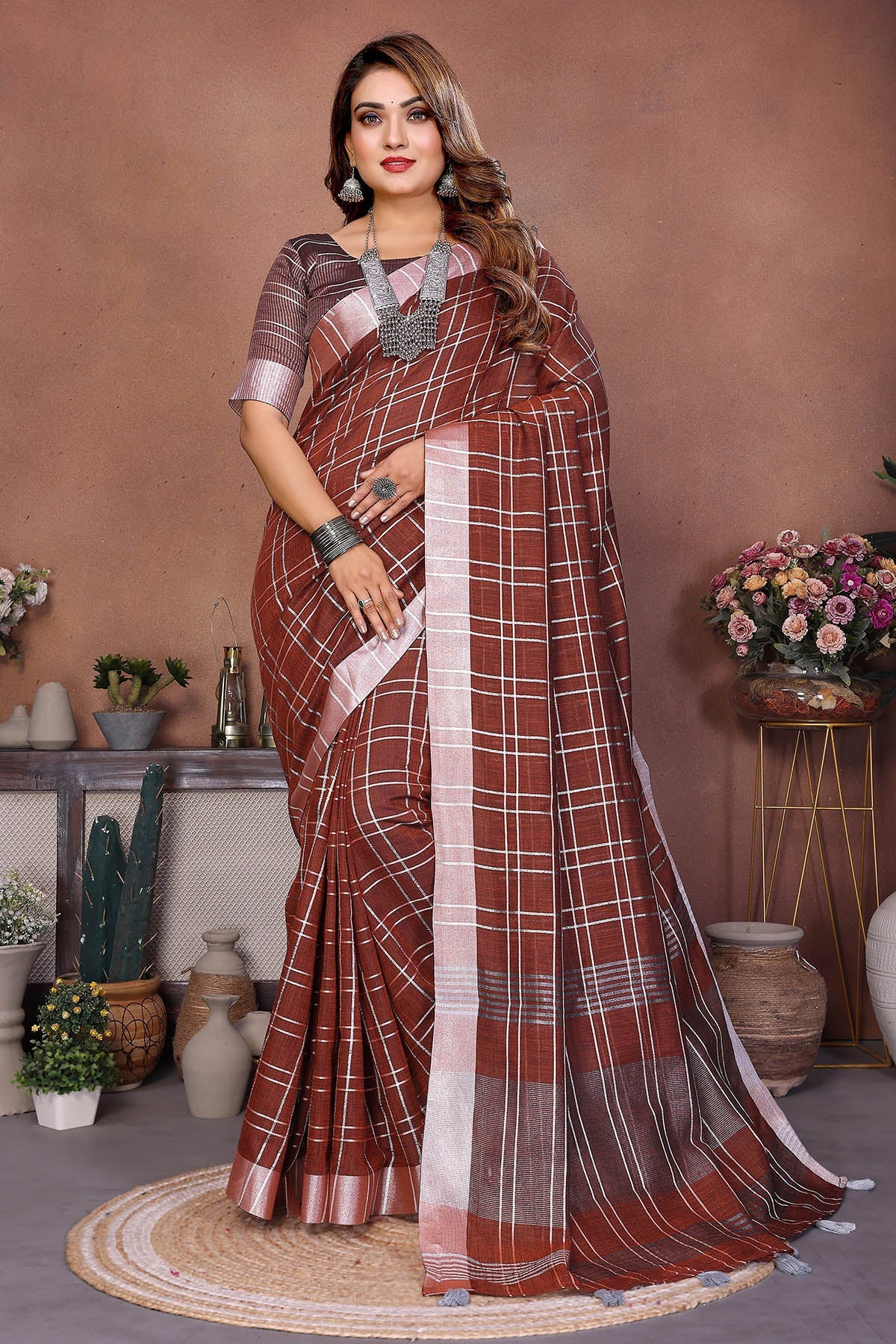 Buy Brown Linen Weaving Fancy Saree for women by Aastha Fashion online available at scrollnshops