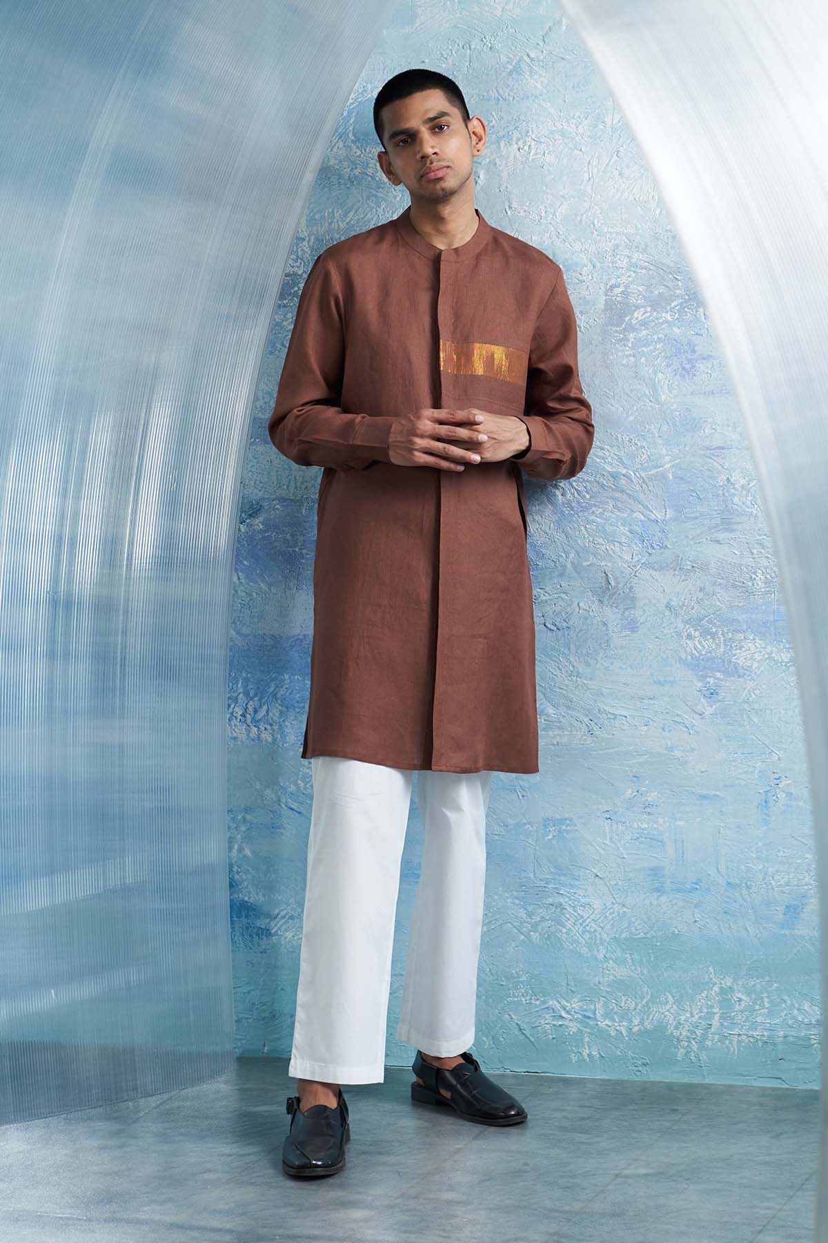 Buy Brown Mandarin Collar Kurta Set by Charkhee for men online at ScrollnShops