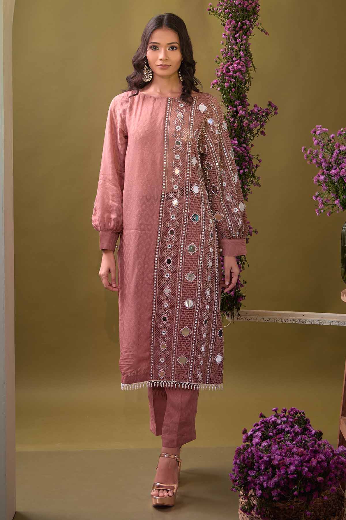 Aishwarya Tyagi Brown Mirror Work Kurta & Pants for women online at ScrollnShops