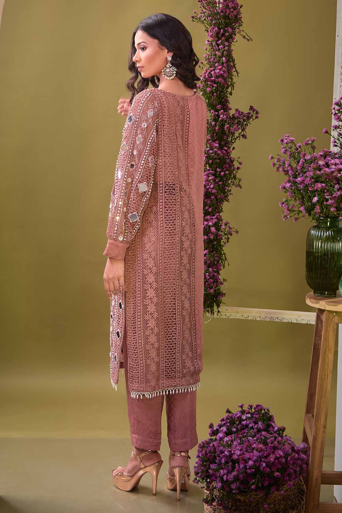 Brown Mirror Work Kurta & Pants