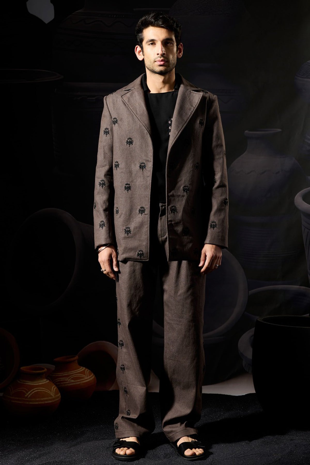 Brown Motif Embroidered Blazer