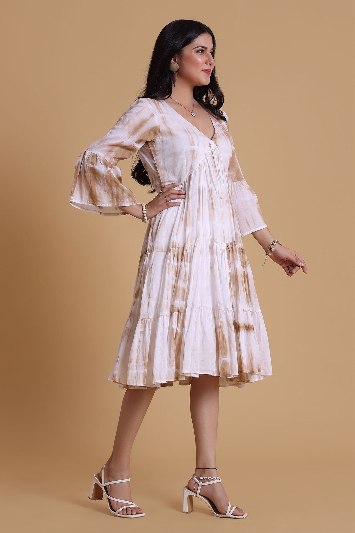 Brown Mulmul V-Neck Midi Dress