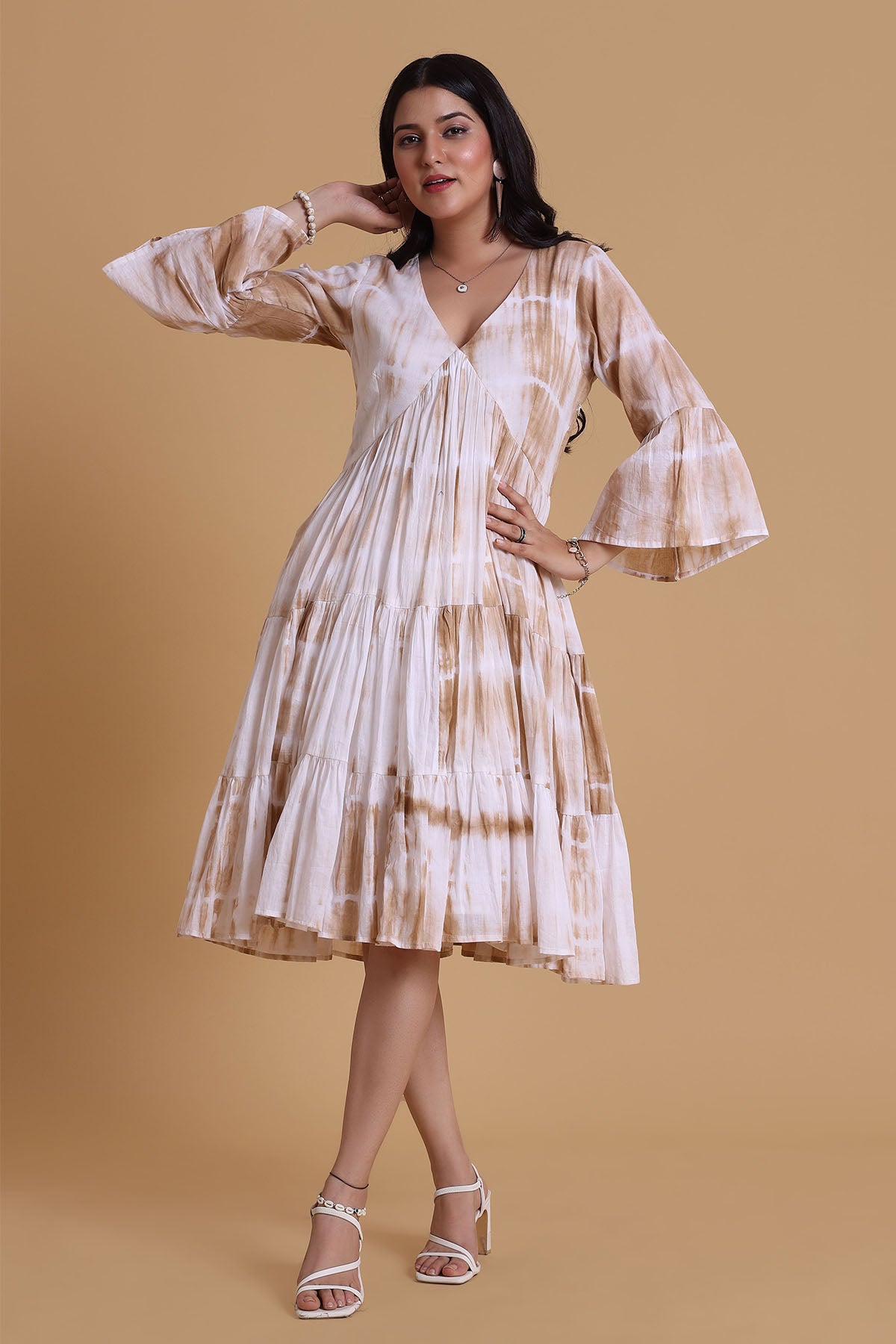 Brown Mulmul V-Neck Midi Dress