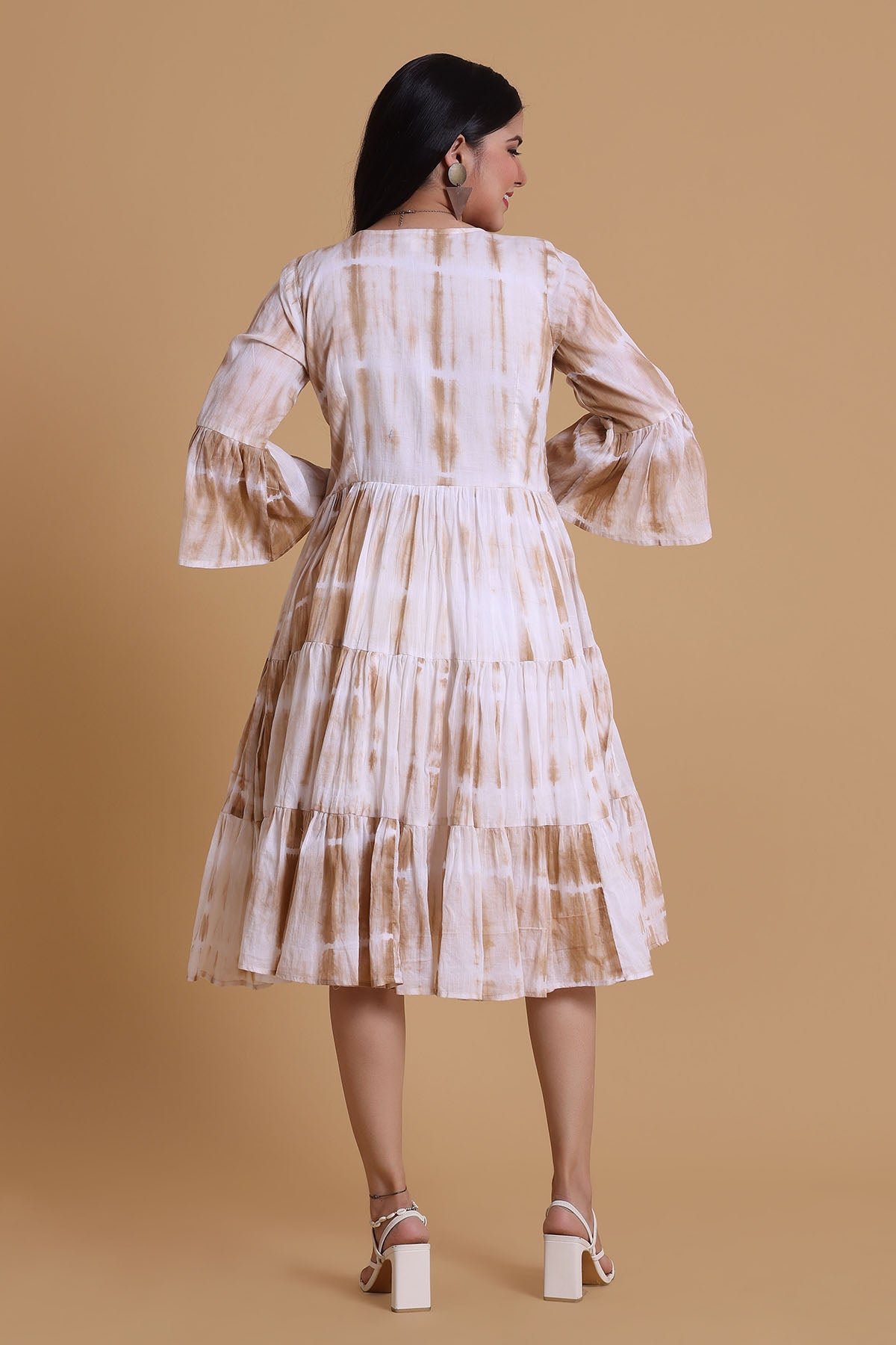 Brown Mulmul V-Neck Midi Dress