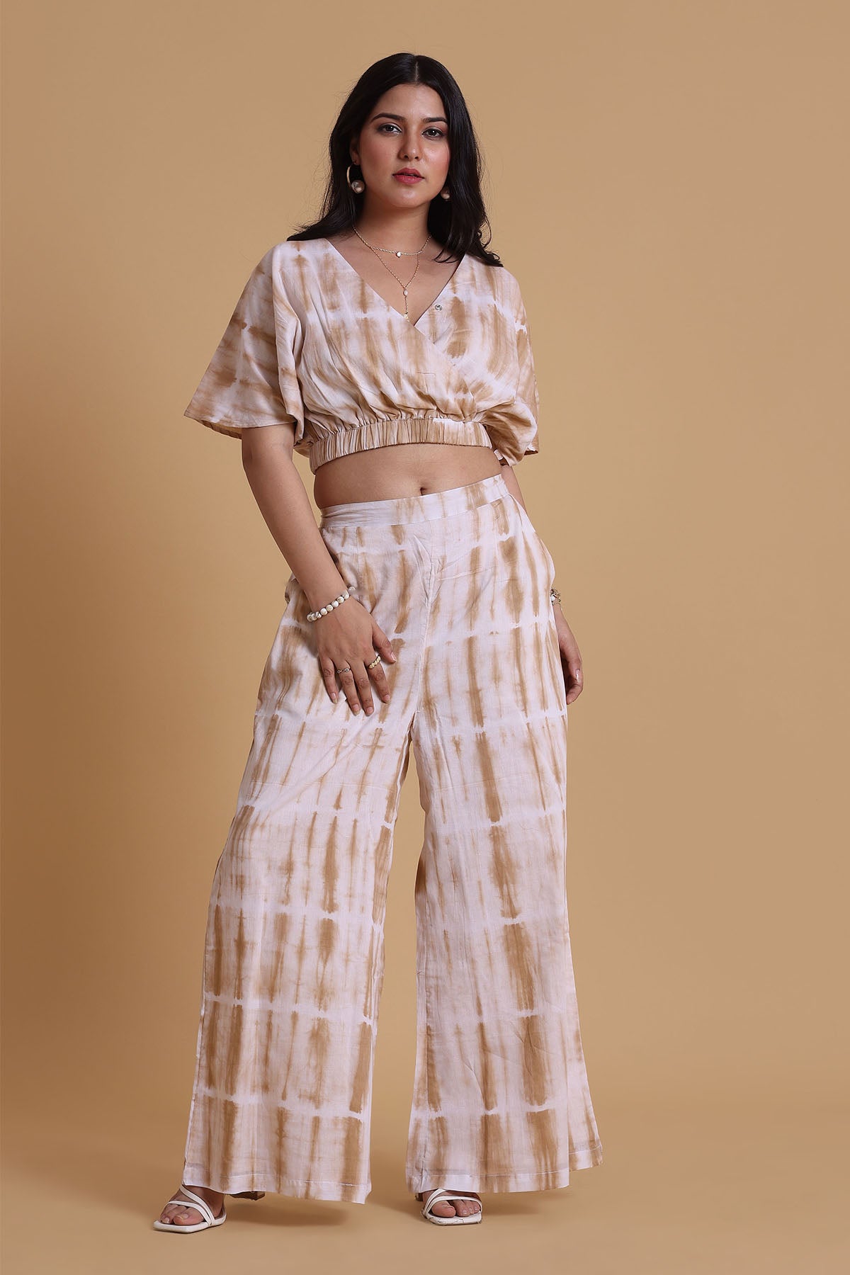 Brown Mulmul V-Neck Top & Pants