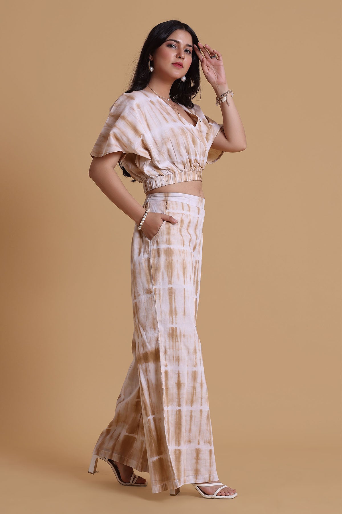 Brown Mulmul V-Neck Top & Pants