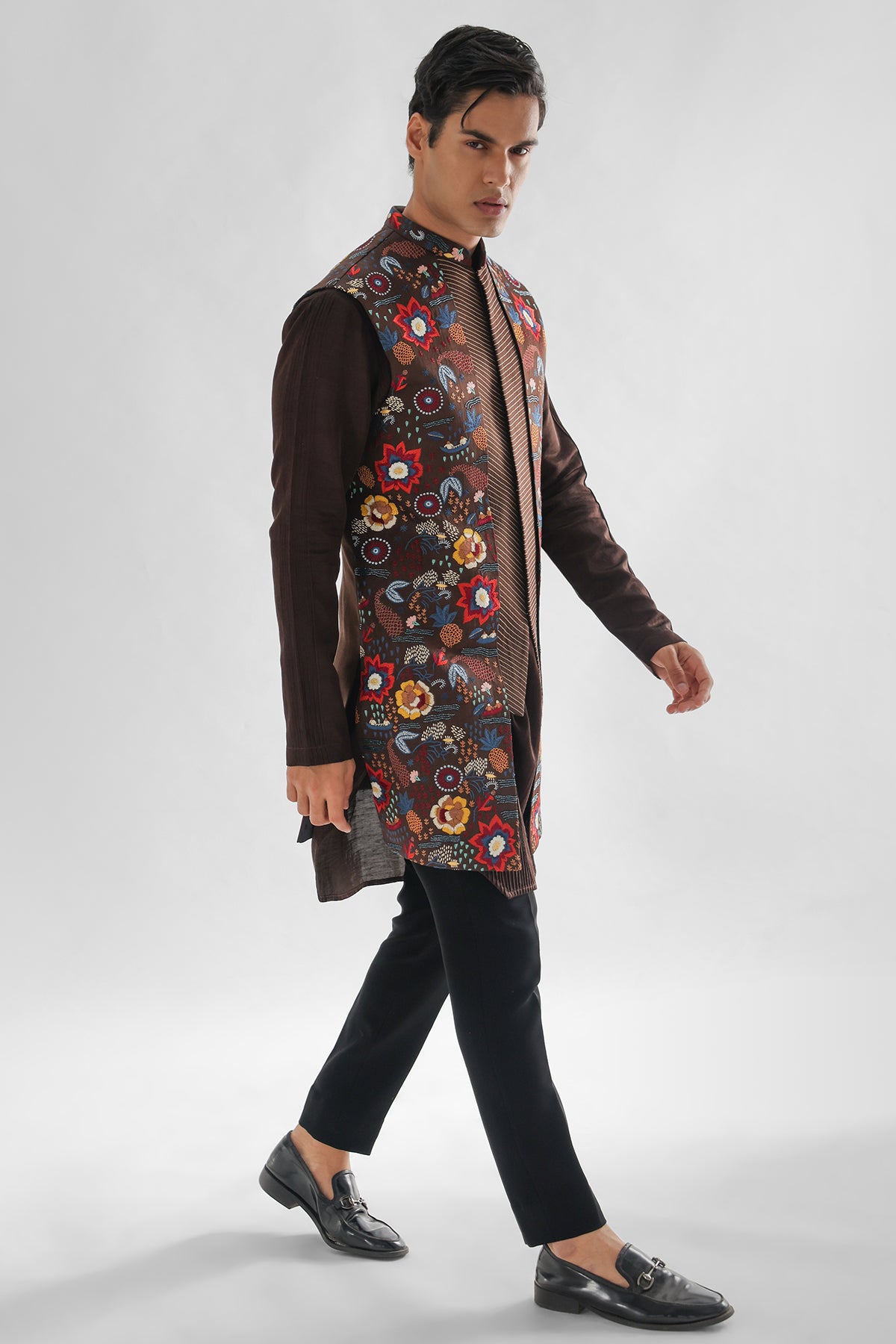 Brown Multicolor Work Kurta Set