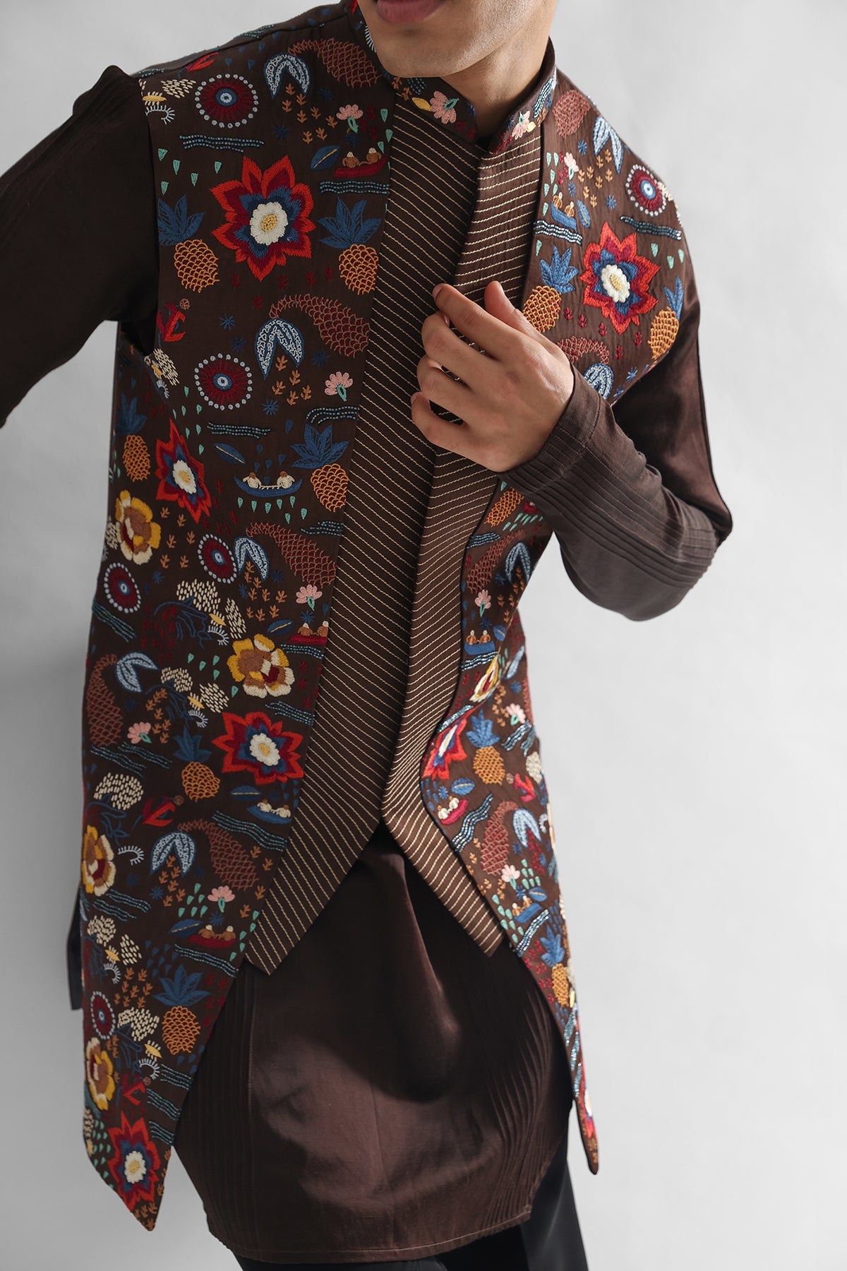 Brown Multicolor Work Kurta Set