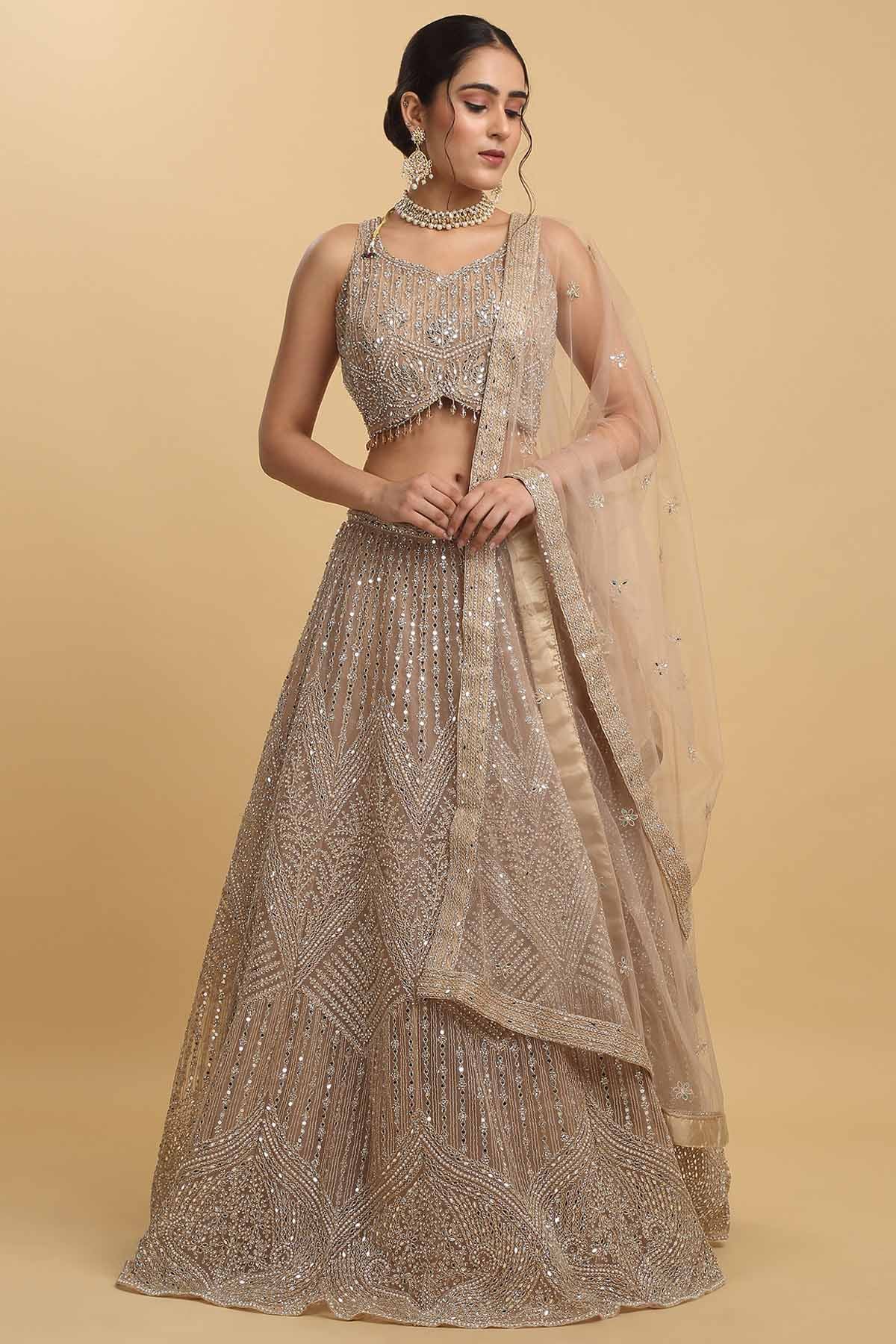 Aham Vayam Brown Net Mirror Lehenga Set for women online at ScrollnShops