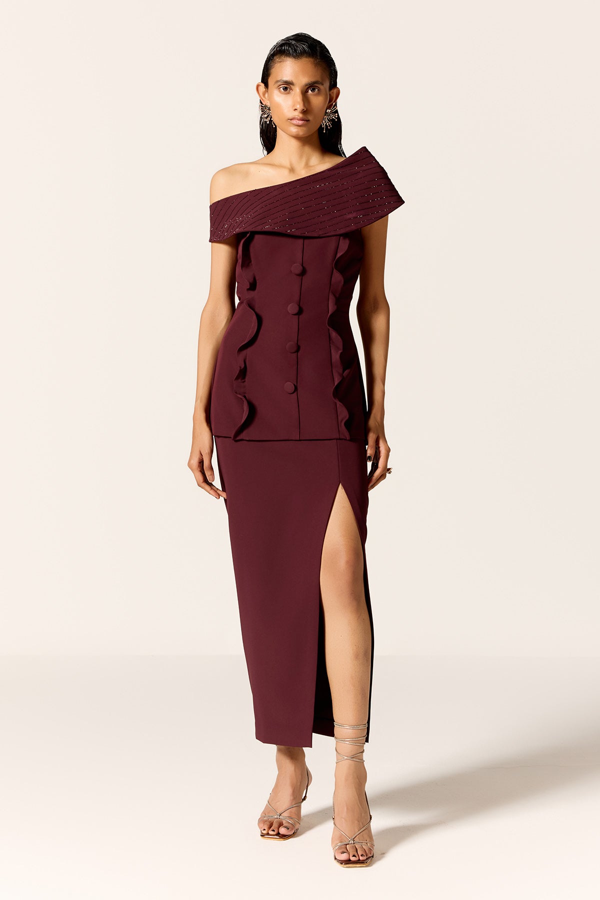 Buy Brown Off-Shoulder Top & Skirt by Manika Nanda for Women online at ScrollnShops