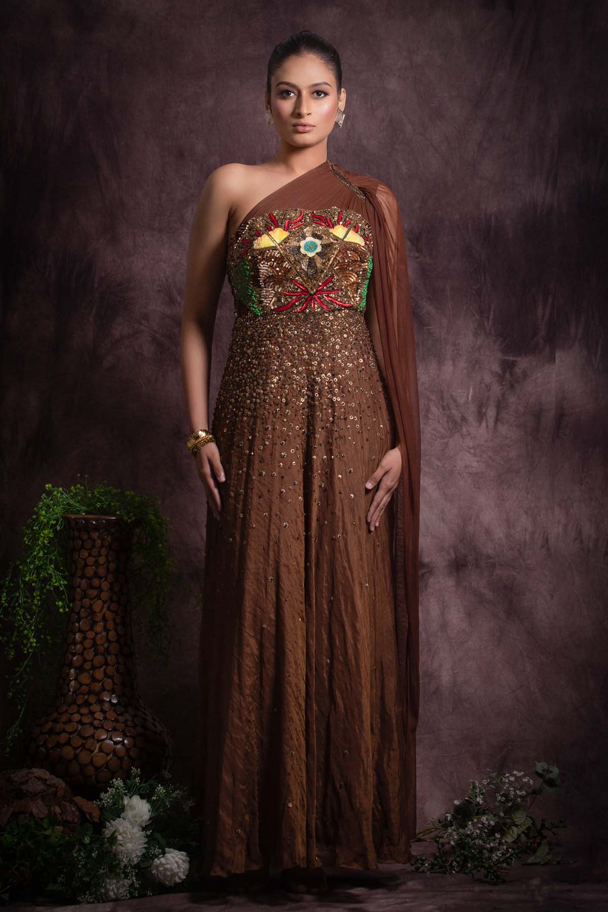 Brown One Shoulder Gown at ScrollnShops