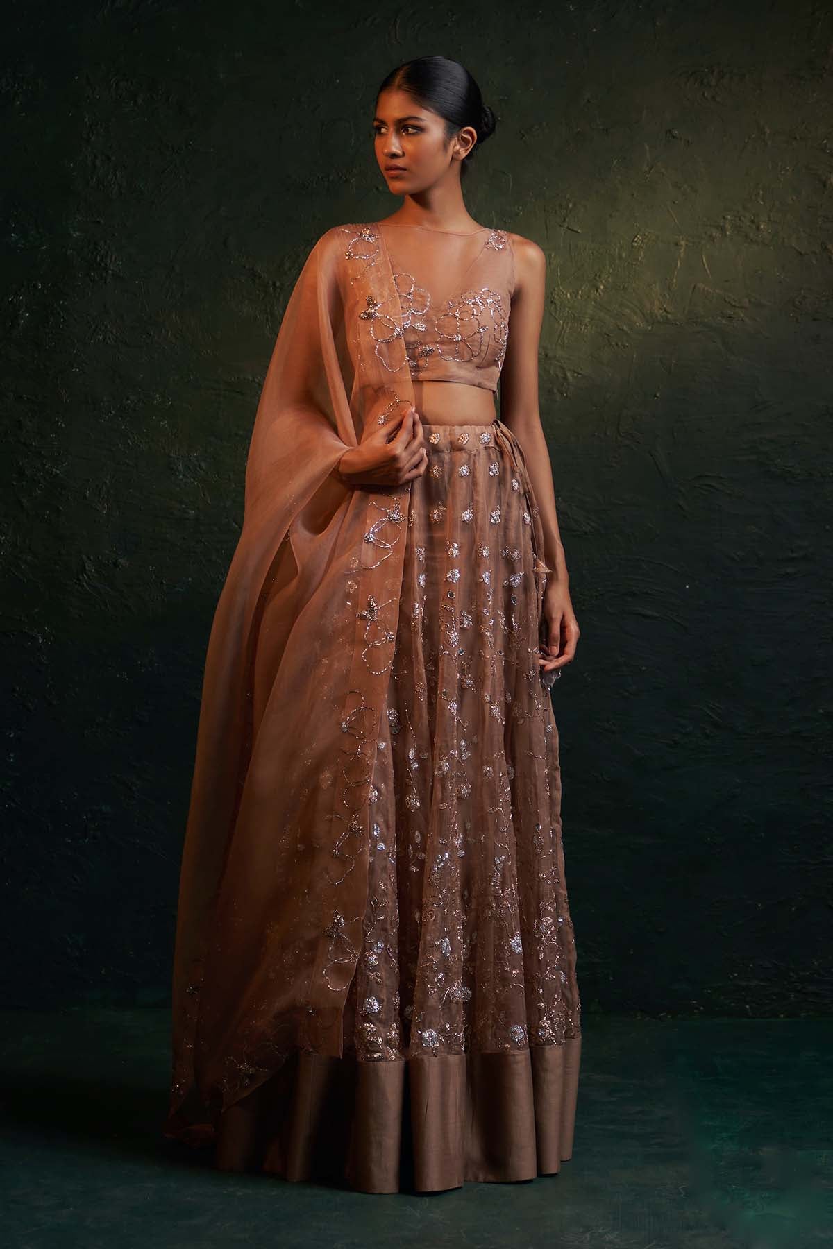 Buy Brown Organza Nakshi Lehenga Set Online