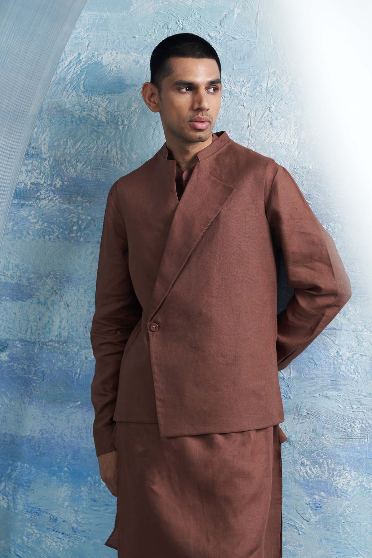 Brown Placket Kurta Set & Jacket