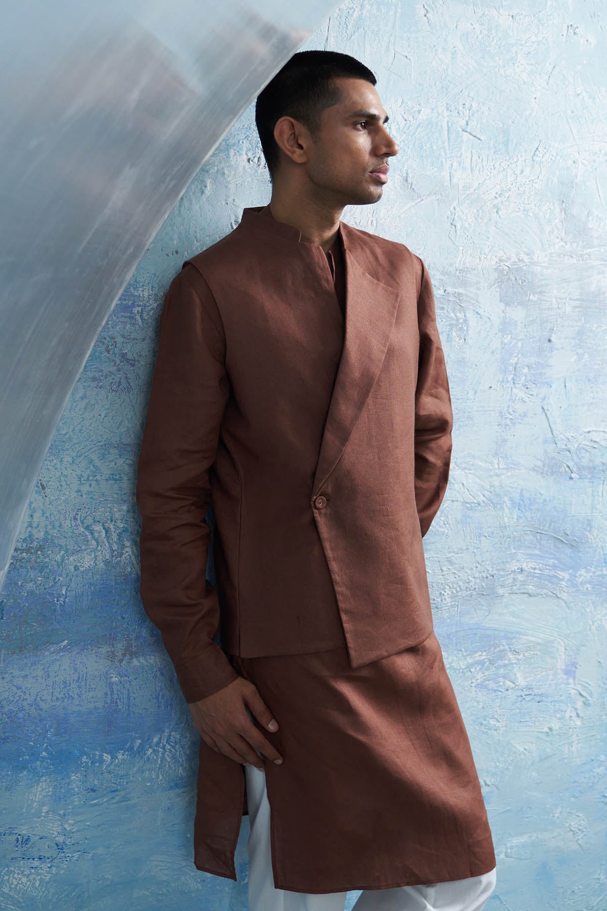 Brown Placket Kurta Set & Jacket