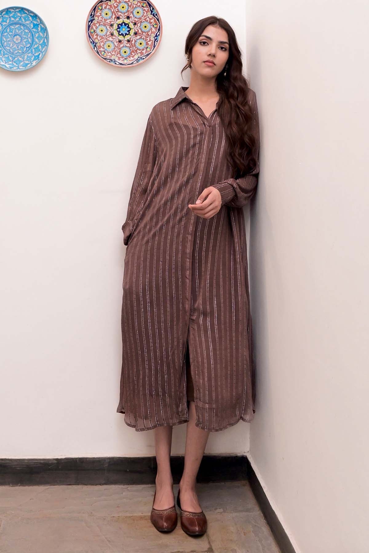 Taro India Brown Placket Shirt Dress & Slip for women online at ScrollnShops