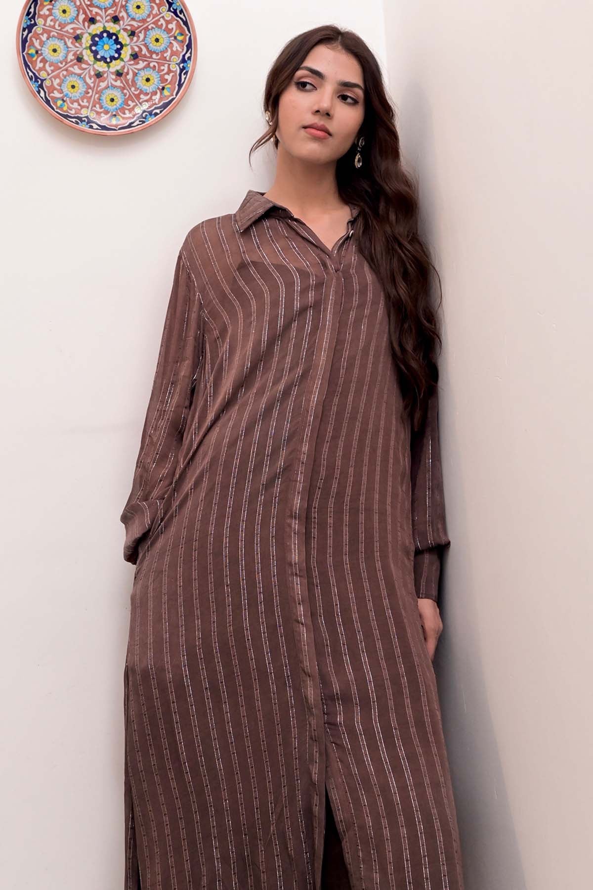 Brown Placket Shirt Dress & Slip