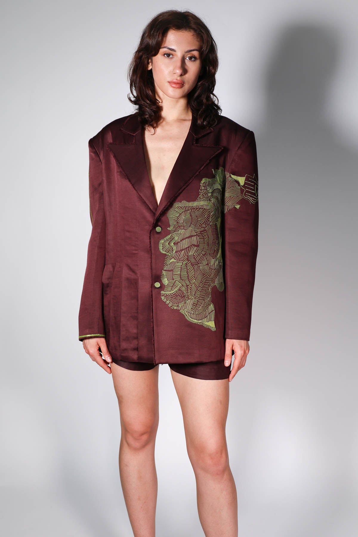 Arya Giri Brown Pleated Embroidered Blazer for women online at ScrollnShops