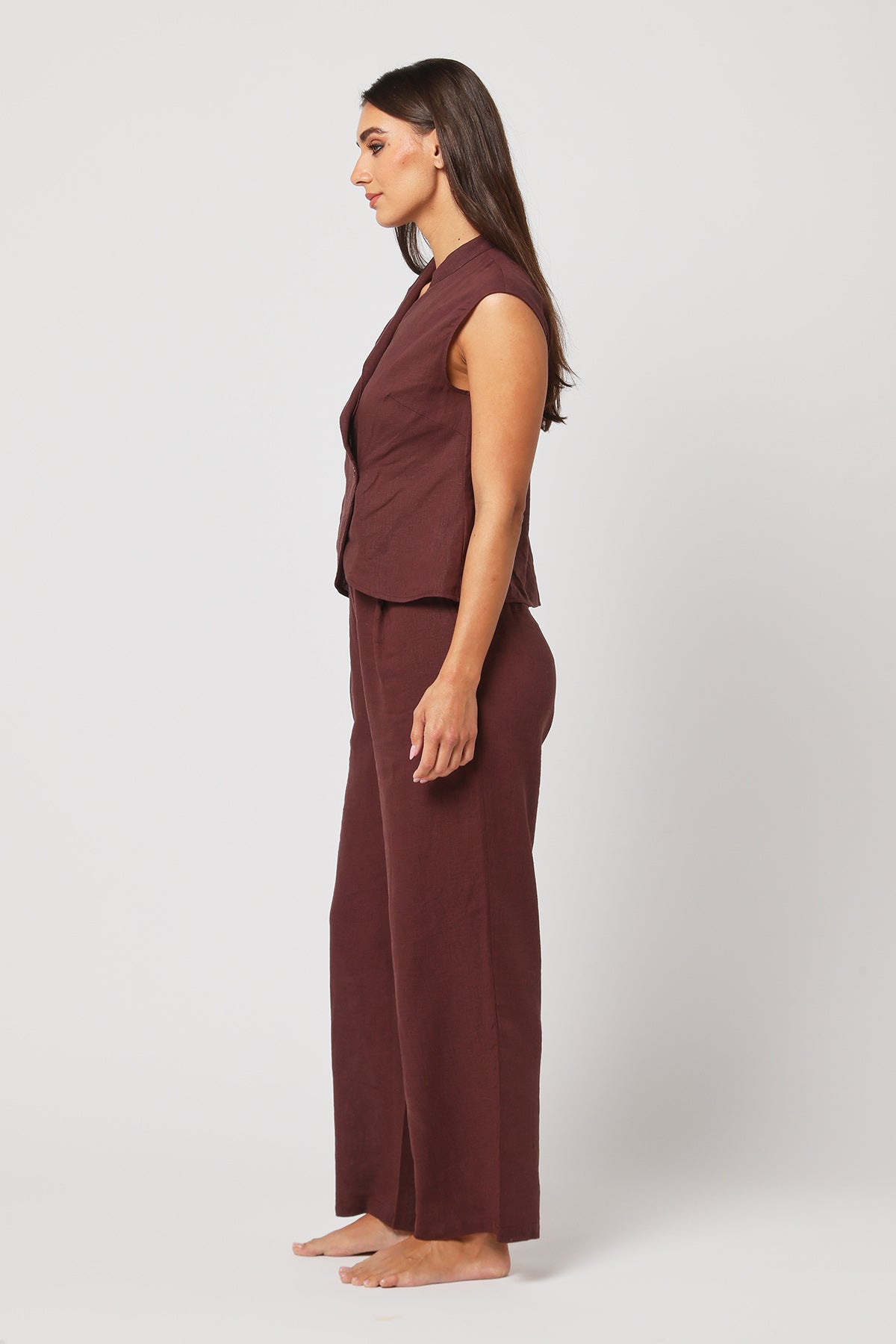 Brown Pleated Wide-Leg Pants
