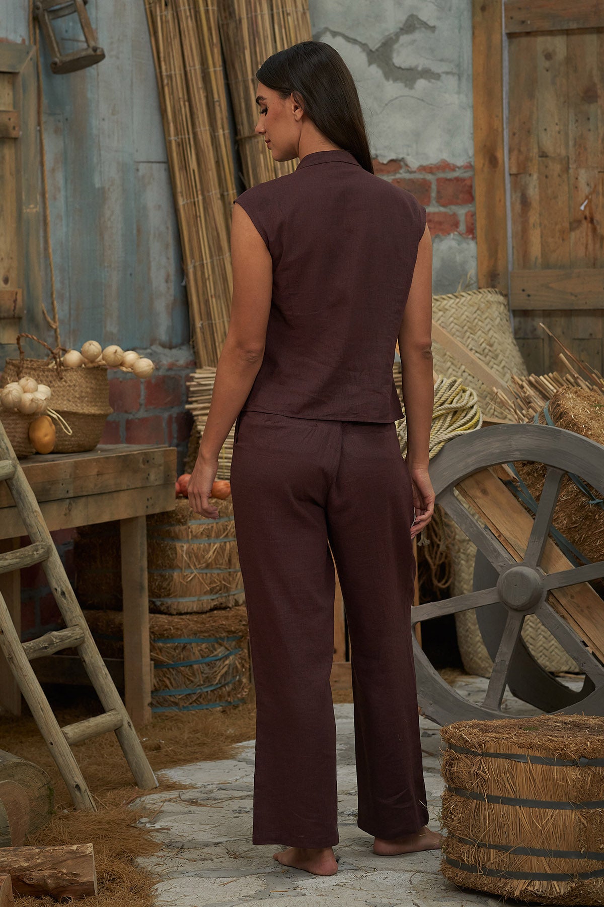Brown Pleated Wide-Leg Pants