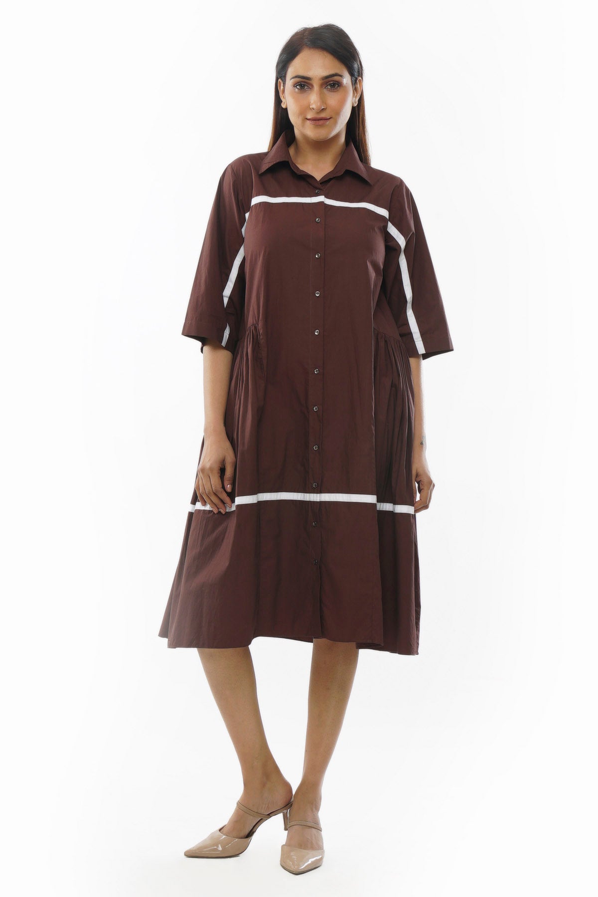 Brown Poplin Cotton Shirt Dress