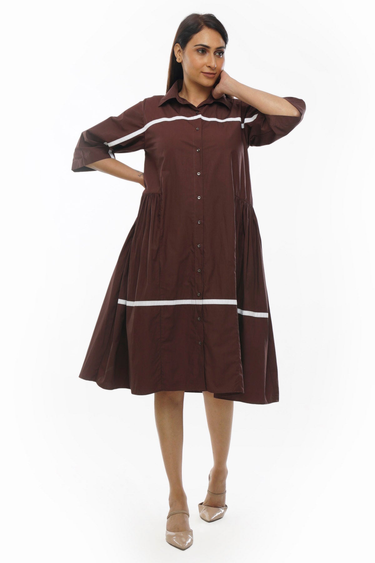 Khat Clothing Brown Poplin Cotton Shirt Dress for women online at ScrollnShops