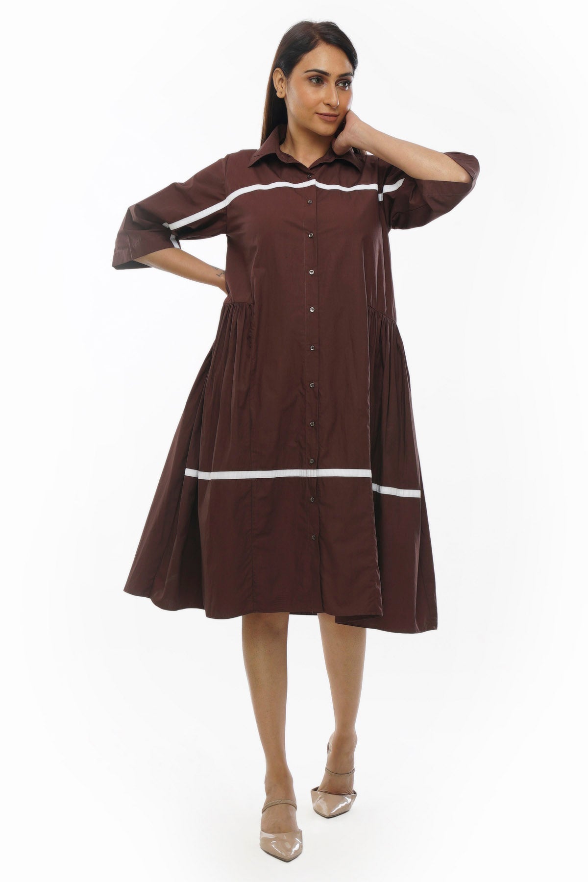 Buy Designer Brown Poplin Cotton Shirt Dress Online
