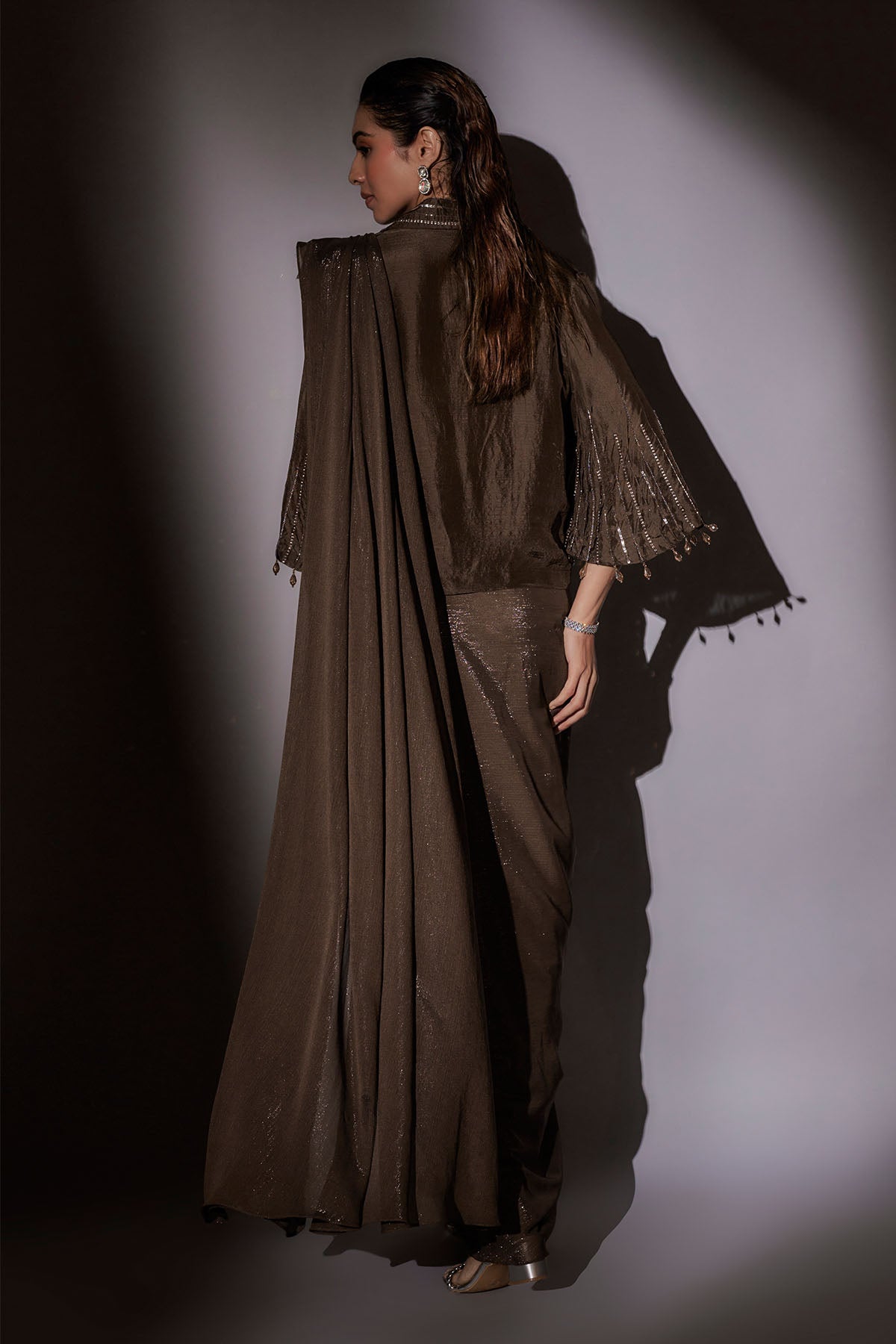 Brown Pre-Draped Saree & Blouse